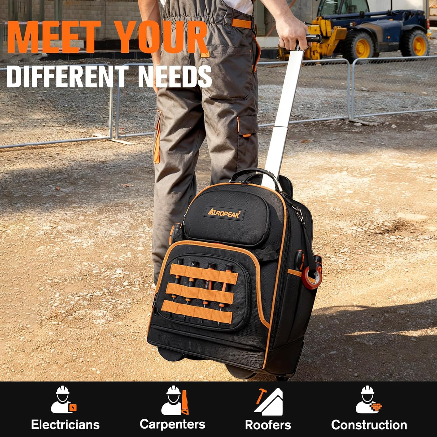 Durable 2-in-1 Rolling Tool Backpack with 47 Pockets & Smooth Wheels