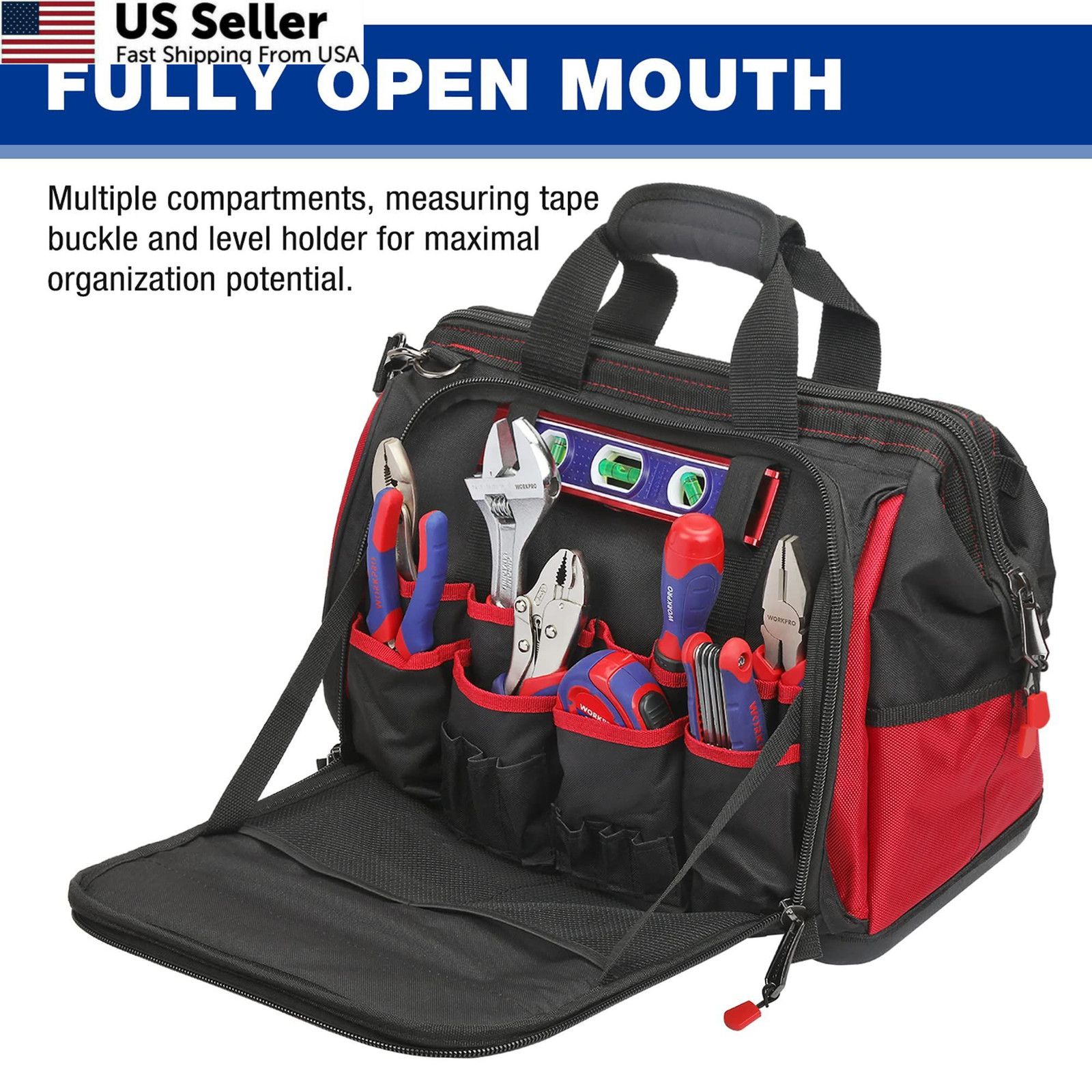WORKPRO 16″ Top Wide Mouth Tool Bag with Water Proof Rubber Large, [‘Black’]