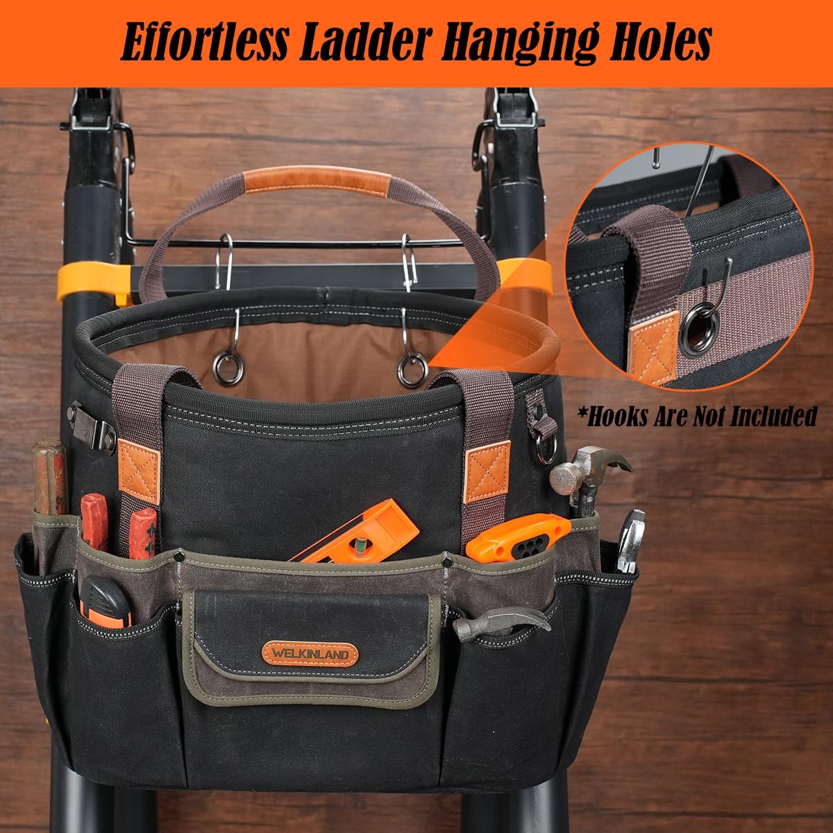WELKINLAND 42-Pockets Electrician 16 inches, Waxed Black w/ Brown & Green
