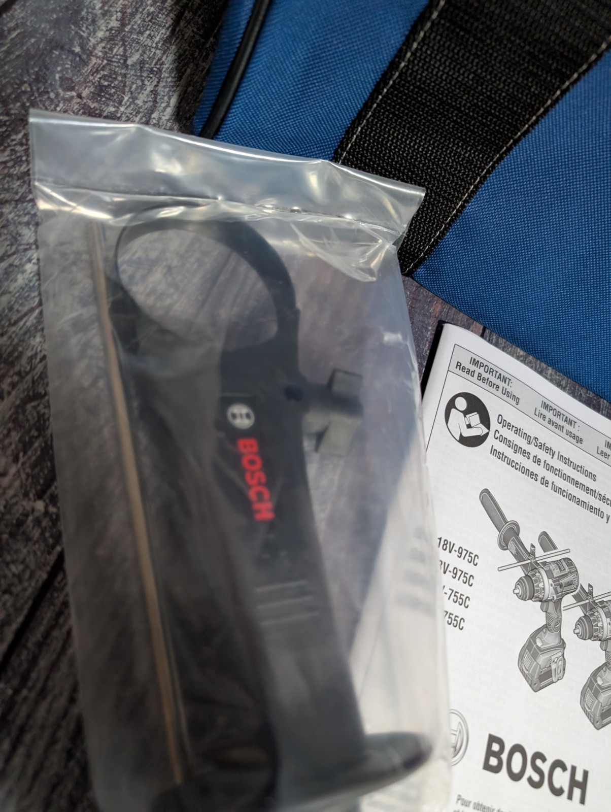 Bosch 975C 755C Accessoies Lot: Tool Bag Auxiliary Handle Belt Clip Manual NEW