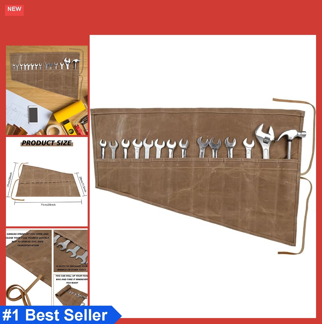 Tool Roll Organizer 14 Pocket Wrench Holder Bag Waxed Canvas Heavy Duty