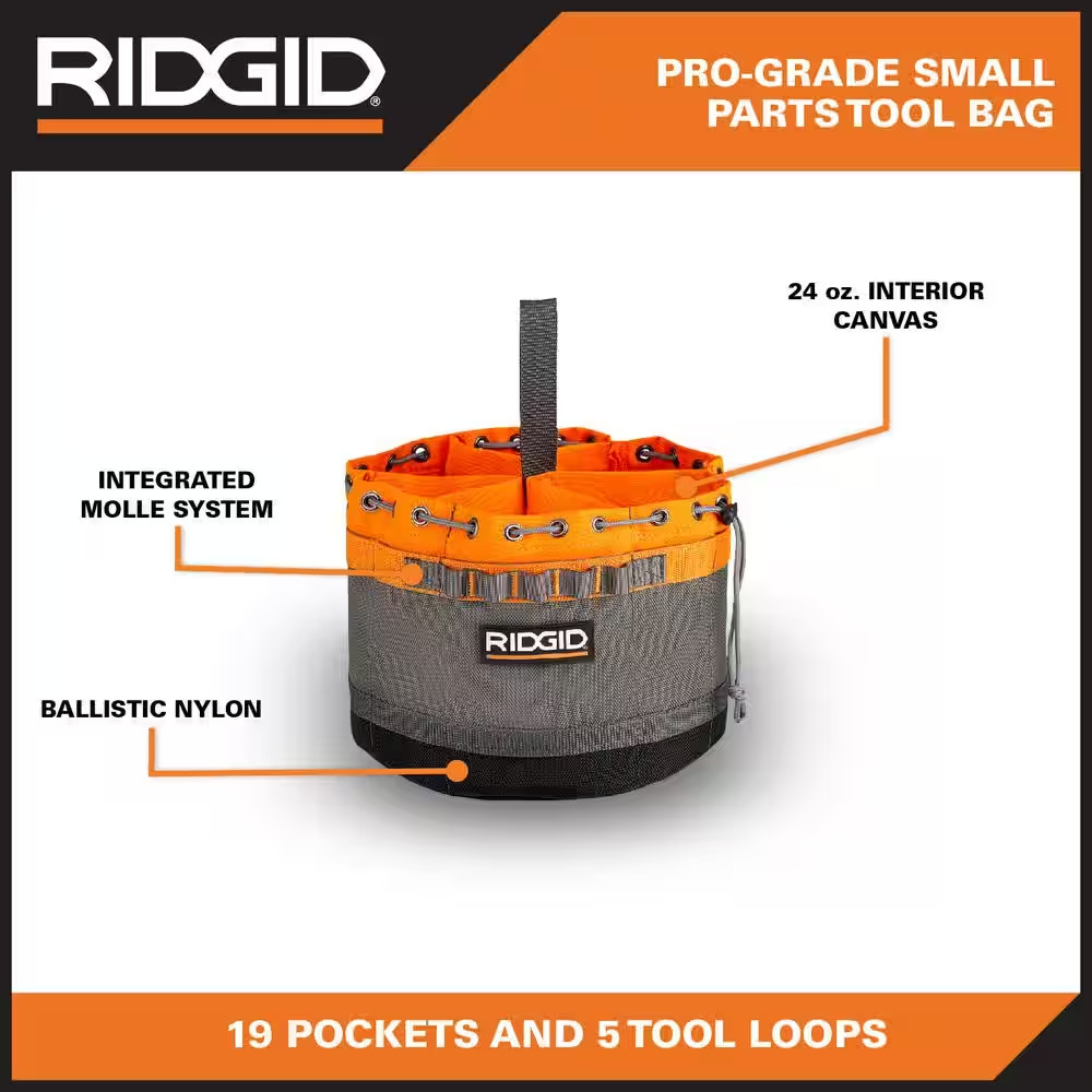 RIDGID 10 In. 19 Pocket Professional Grade Small Parts Organizer Tool Bag