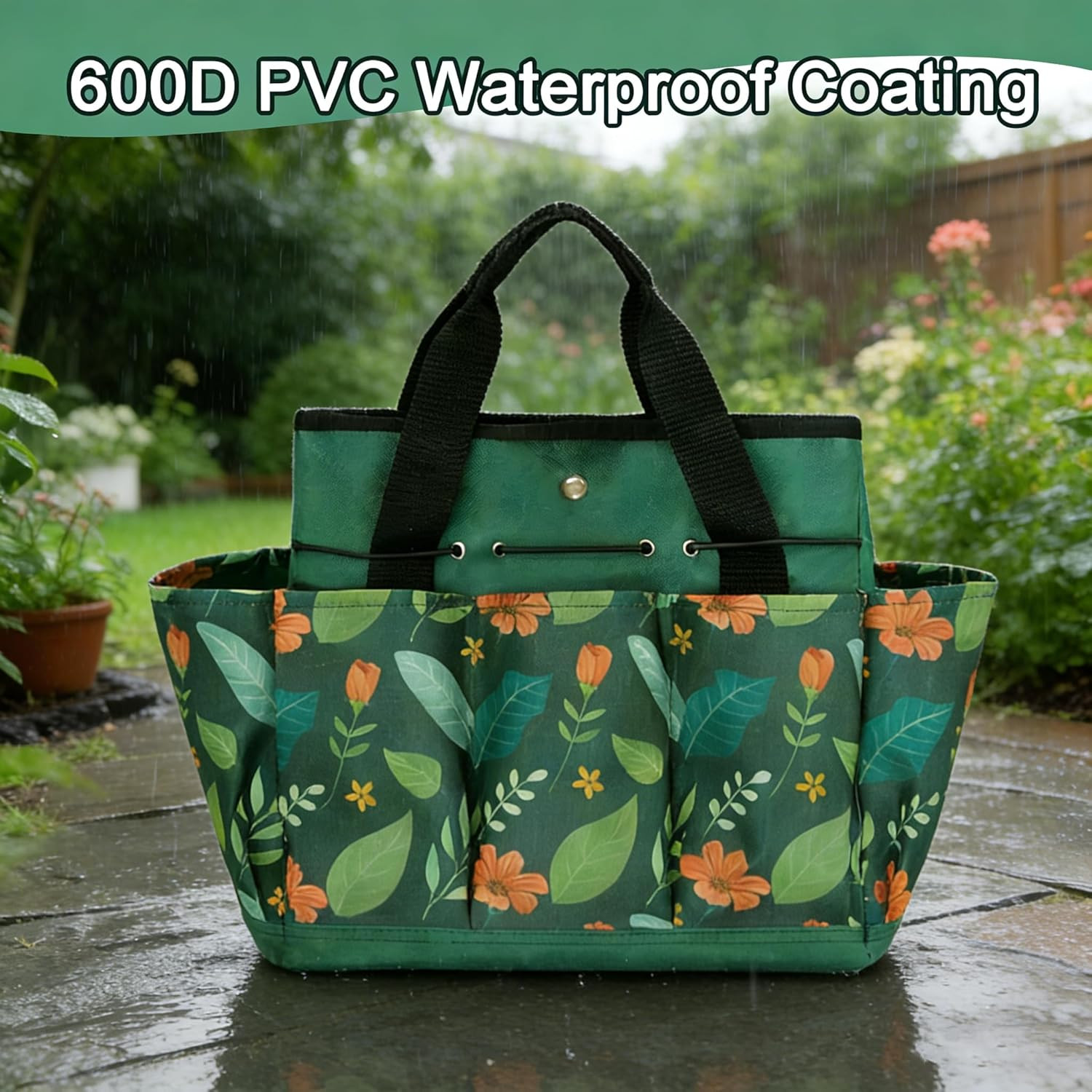 Waterproof Garden Tool Bag, 600D Oxford Portable Gardening Tote with Handle & Mu