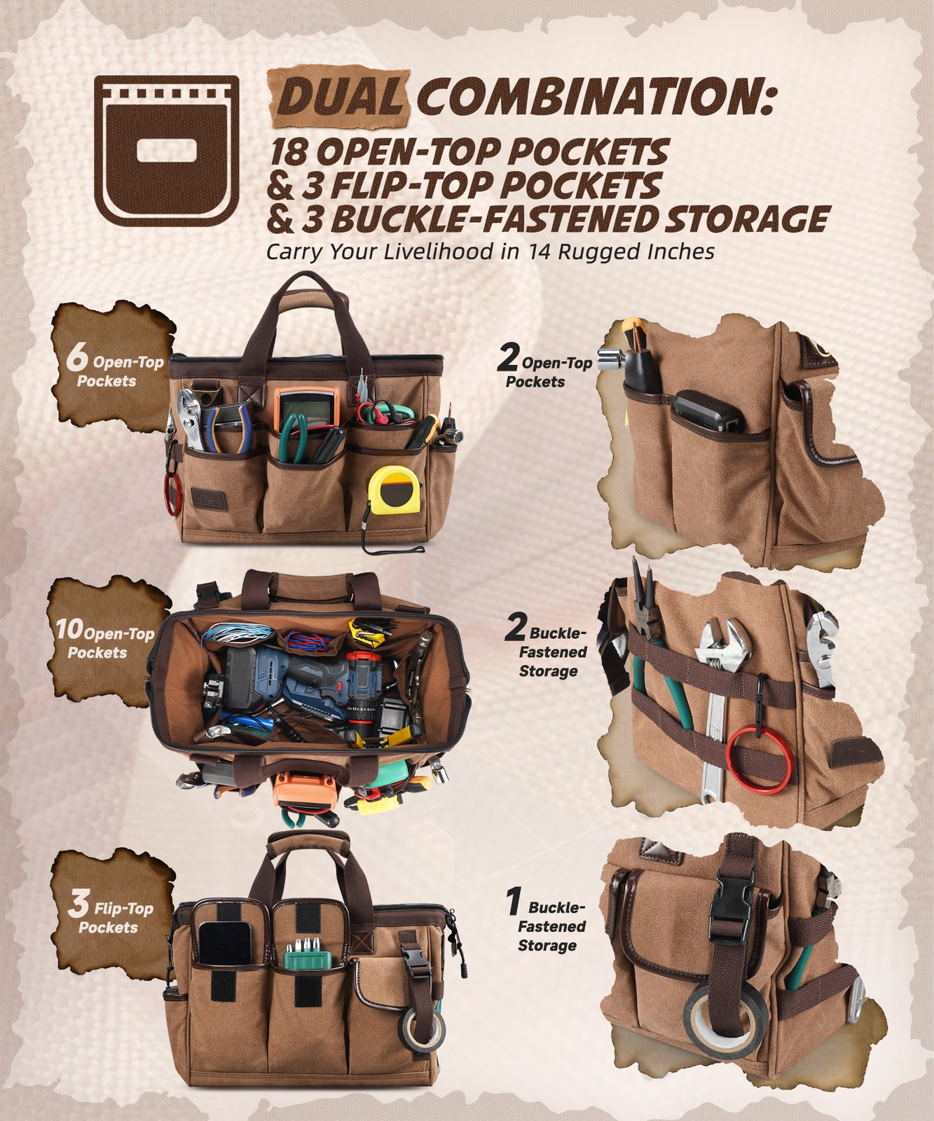 ARCFOX Washed Canvas Electrician Tool Bag 21 Pockets Wide Mouth Tool Organizer