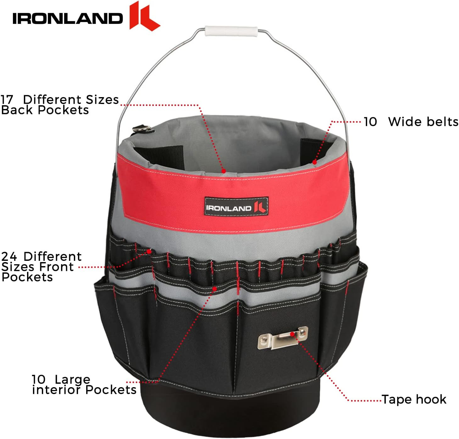 IRONLAND Bucket Tool Organizer Fit 3.5-5 Gallon Bucket, 51 Medium, Red