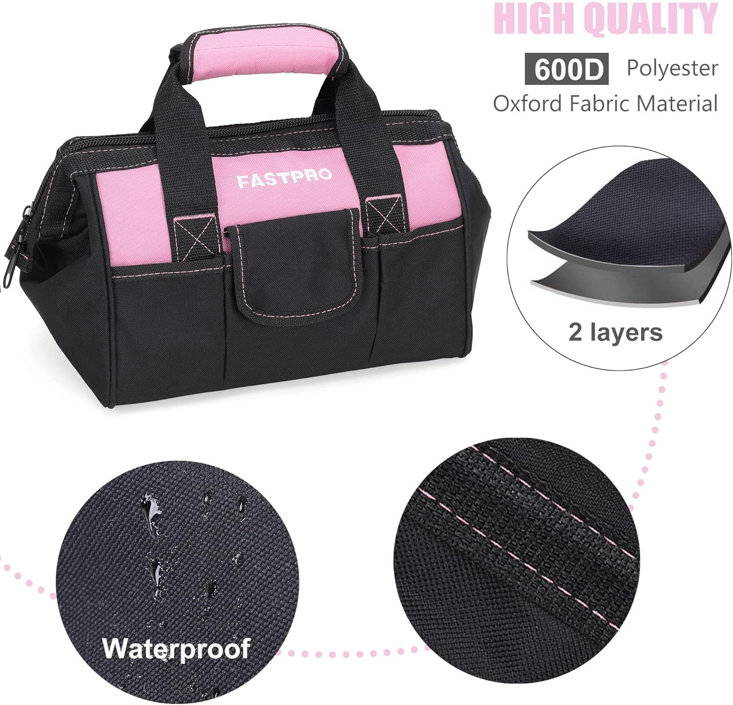 12-Inch Pink Tool Bag,Zip-Top Wide Mouth Open Storage, 600D Polyester Fabric Mat