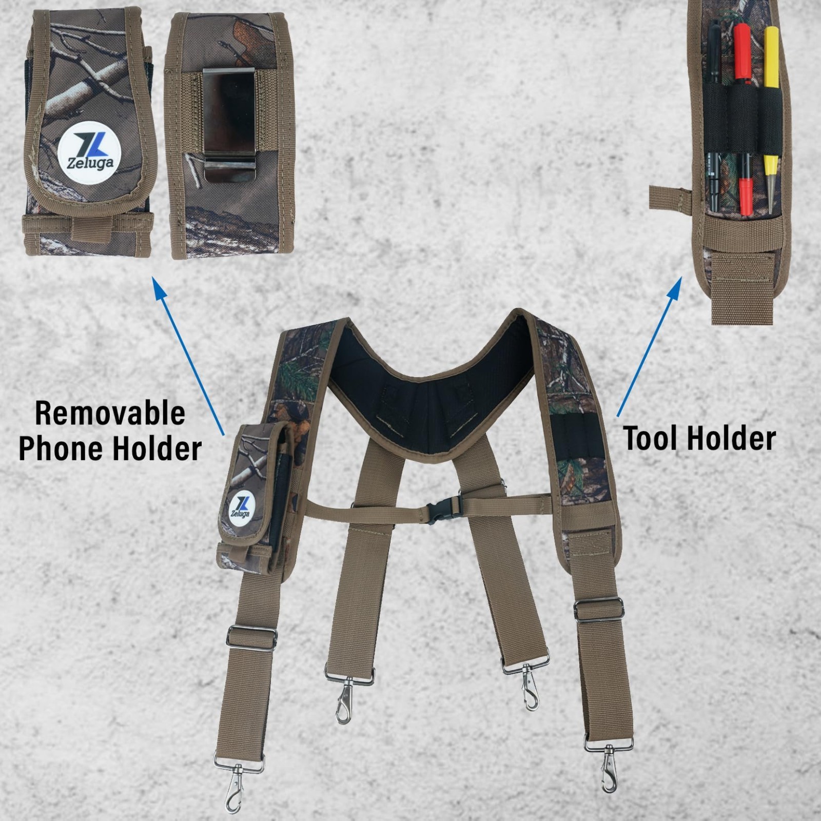 Large Tool Belt with Suspenders, Padded 4″ Tool Pouch, Hammer Holster, Camo, Con