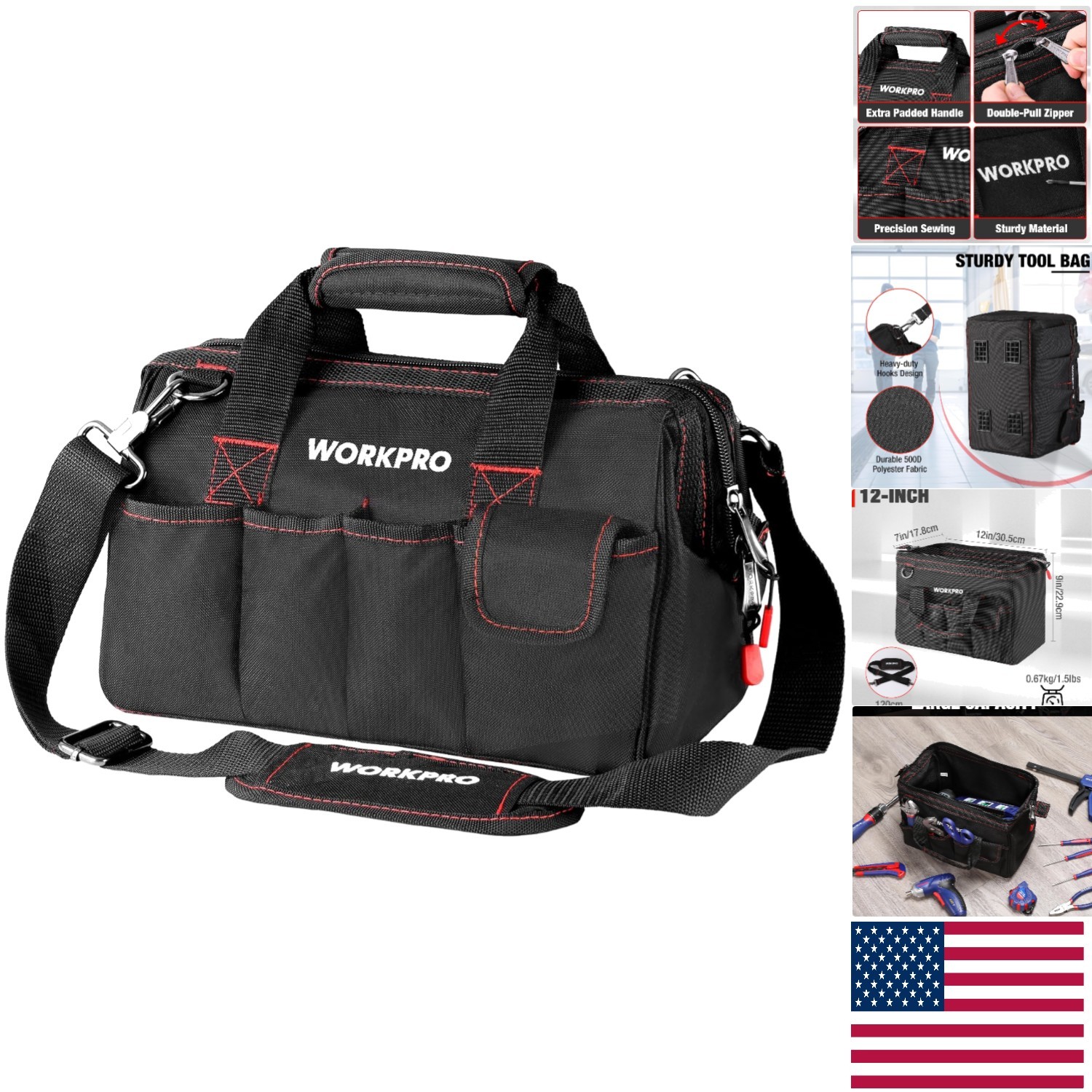 12-Inch Wide Mouth Tool Bag – Heavy-Duty Storage with 7 Pockets & Zipper Access