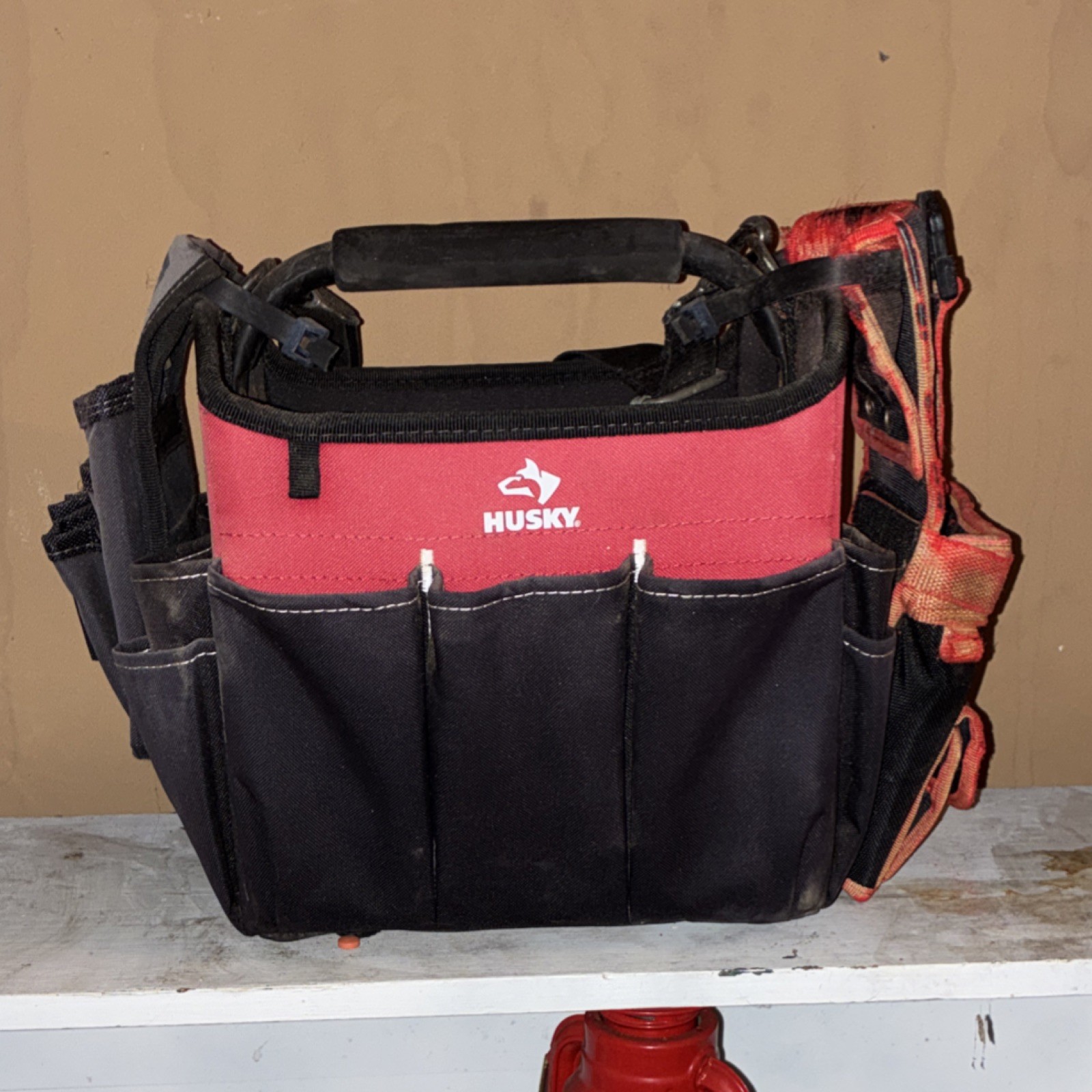 Husky Black and Red Fabric Tool Bag with Handle and Multiple Pockets