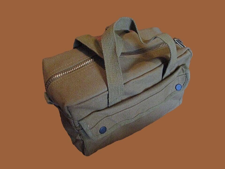 HEAVY DUTY OD GREEN MILITARY STYLE MECHANICS HARD BOTTOM TOOL BAG BRASS ZIPPER