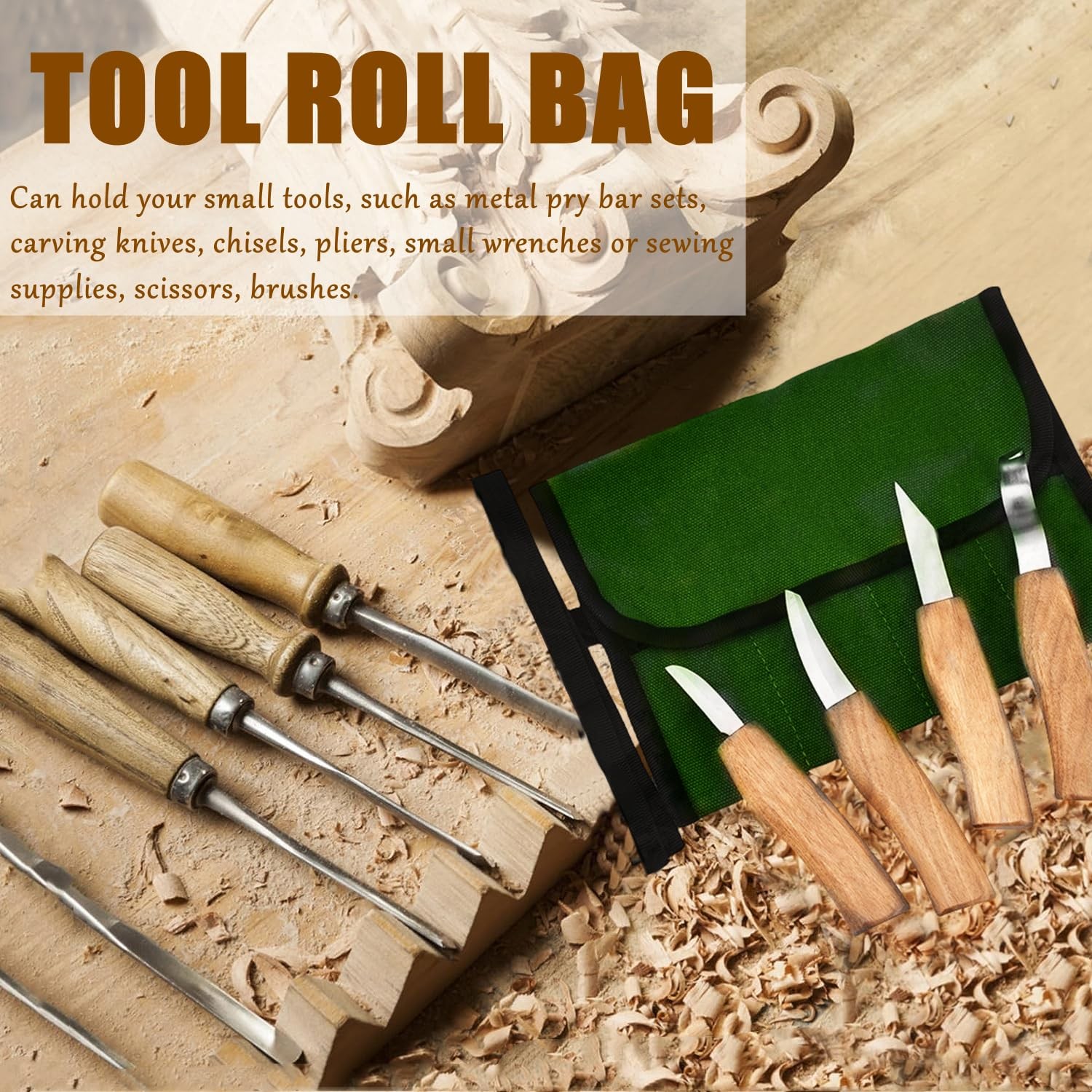 BLIRITEL Small Canvas Tool Roll Up Bag – Chisel Organizer With 4 Green