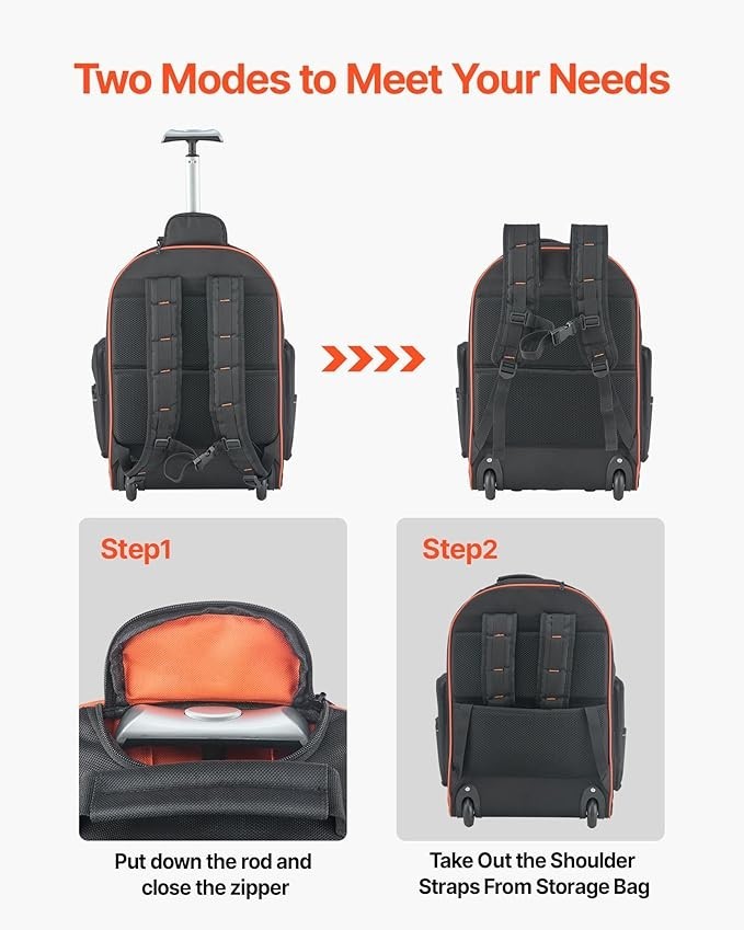 Rolling Tool Backpack with Wheels, 75 Pockets & Lock for Electricians