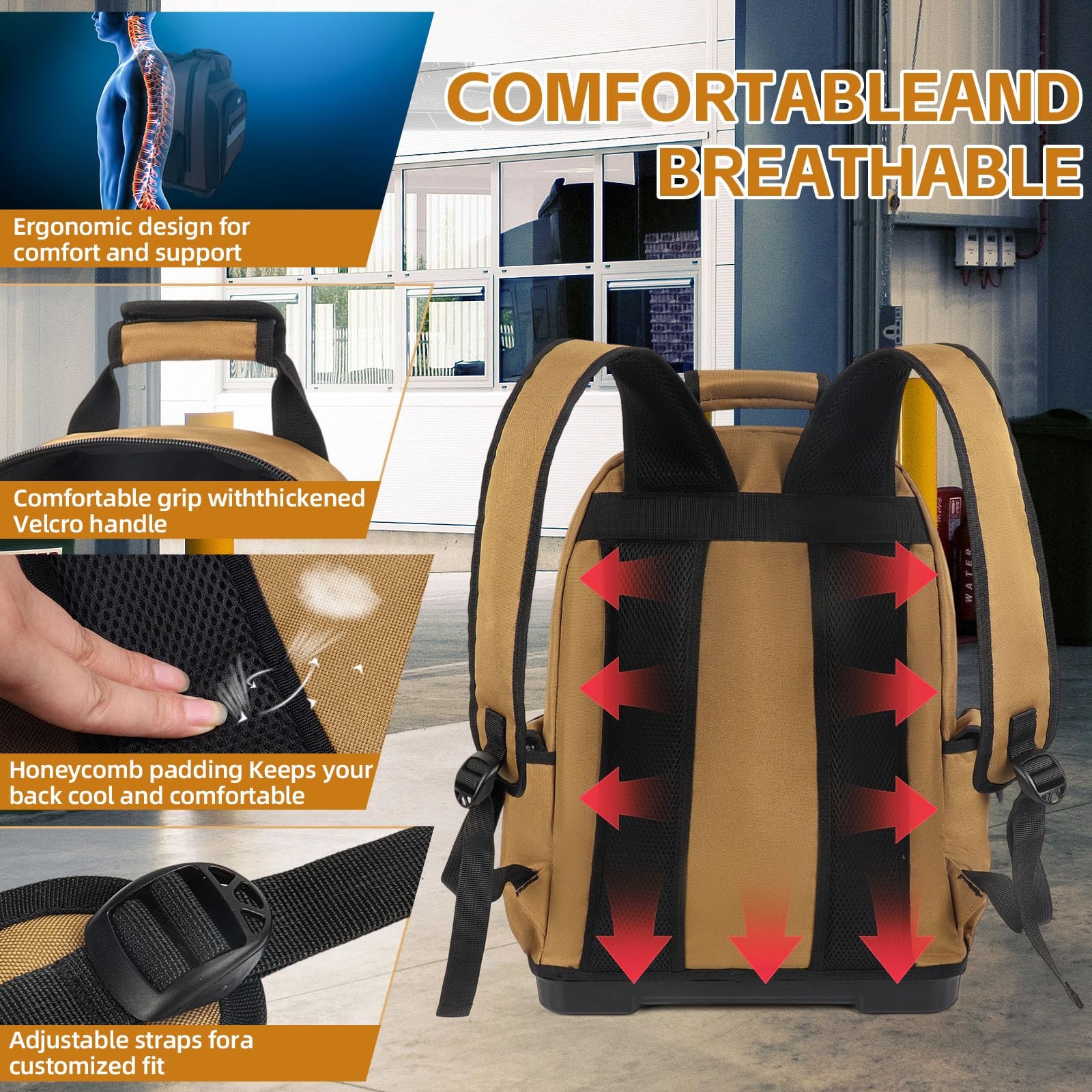 XINHESDEN Tool Bag Backpack, Heavy Duty Backpack 17*8*14.5 inches, Khaki