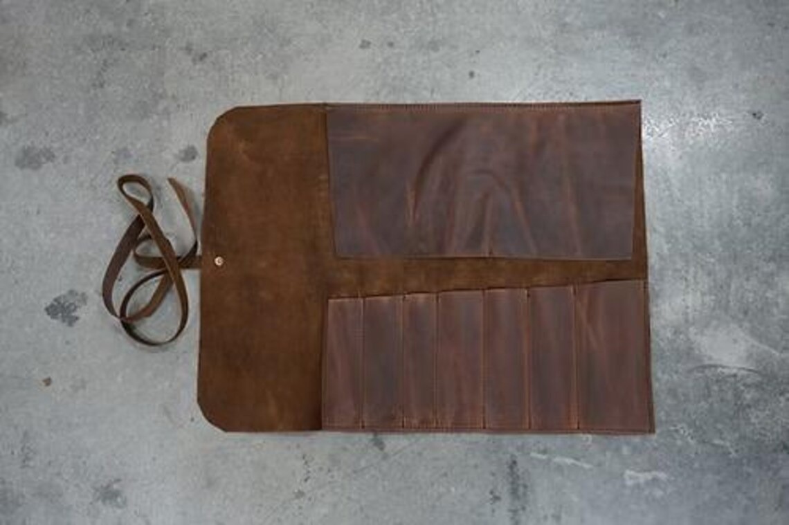 Brown Leather Tool Roll with Antique Worn look Finish 7 Tool Pockets