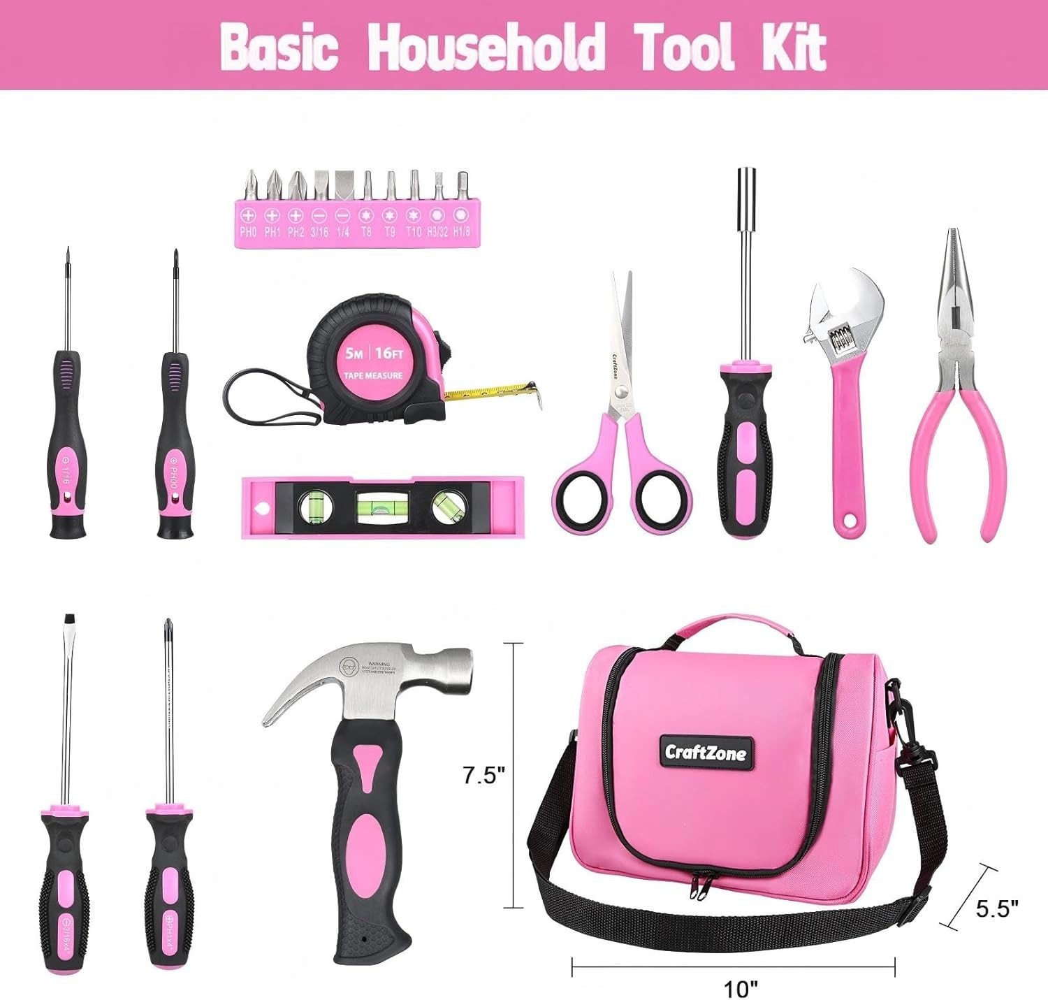Pink Tool Set | Tool Bag for Women with Shoulder Strap | Basic Tool Kit|21Pcs…