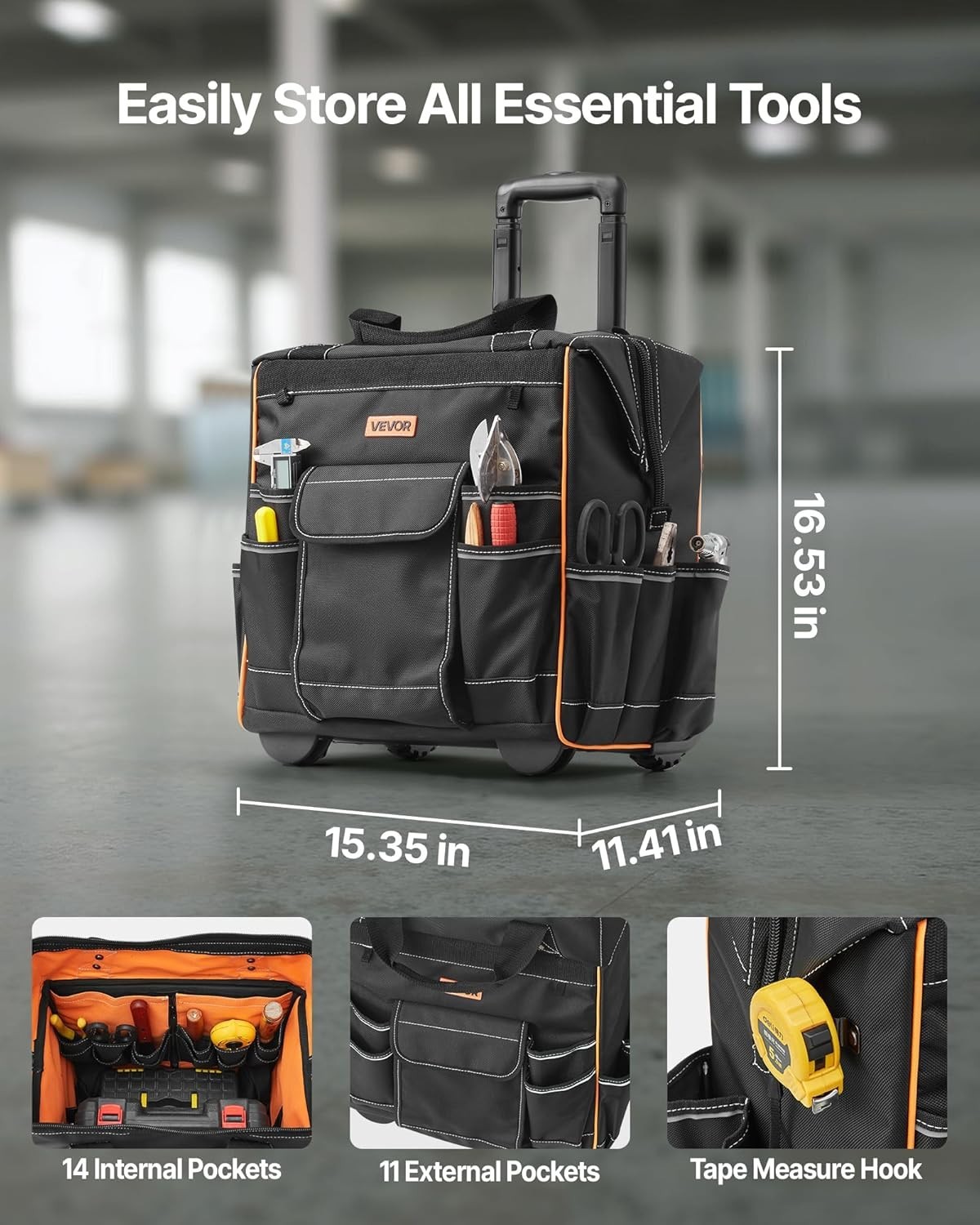 15″ Rolling Tool Bag, 110 lbs Load Capacity, 25 Pockets Heavy Duty Roller Too…