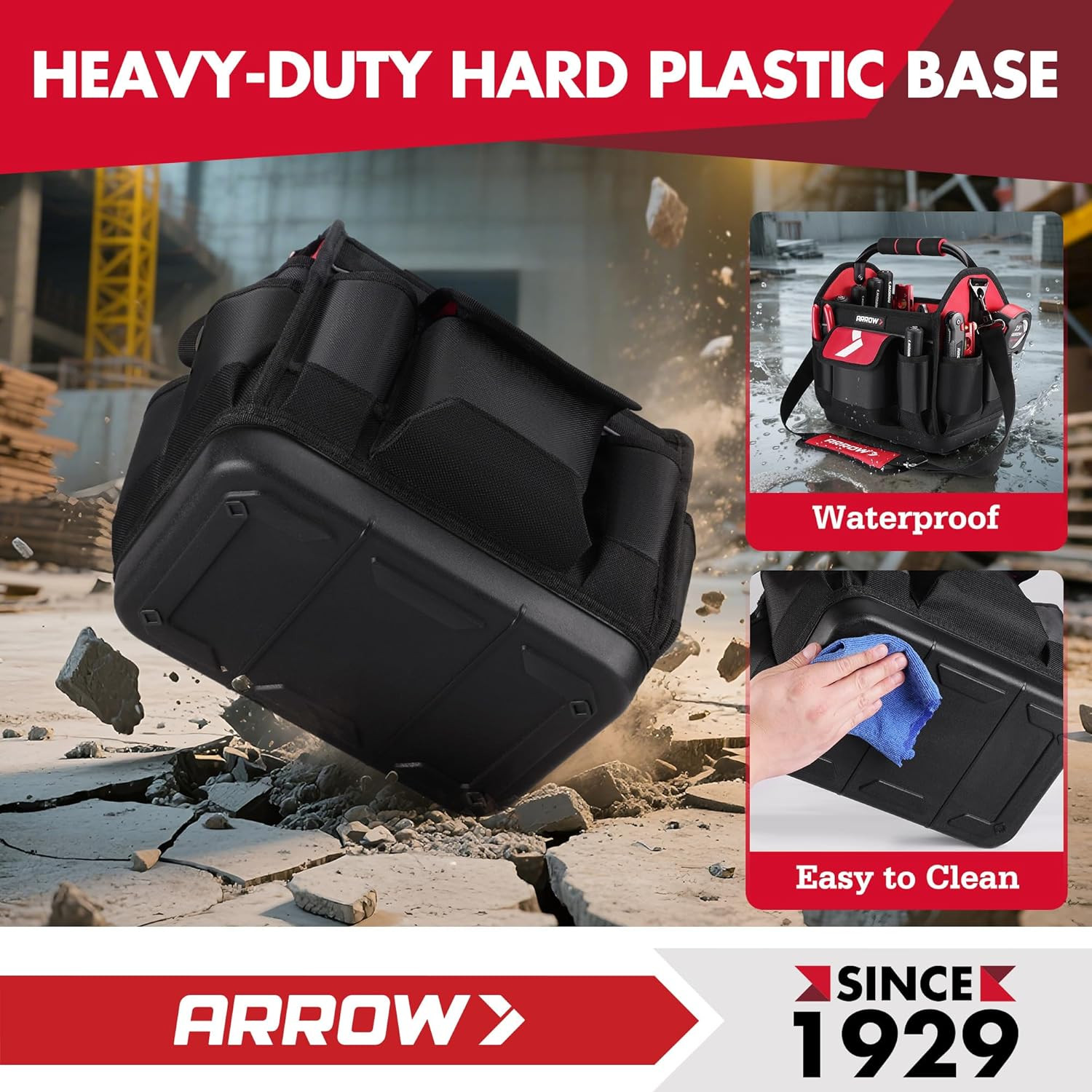 ARROW 12″ Tool Tote with Waterproof Hard Base, Electrician Tool Bag with 19 Pock
