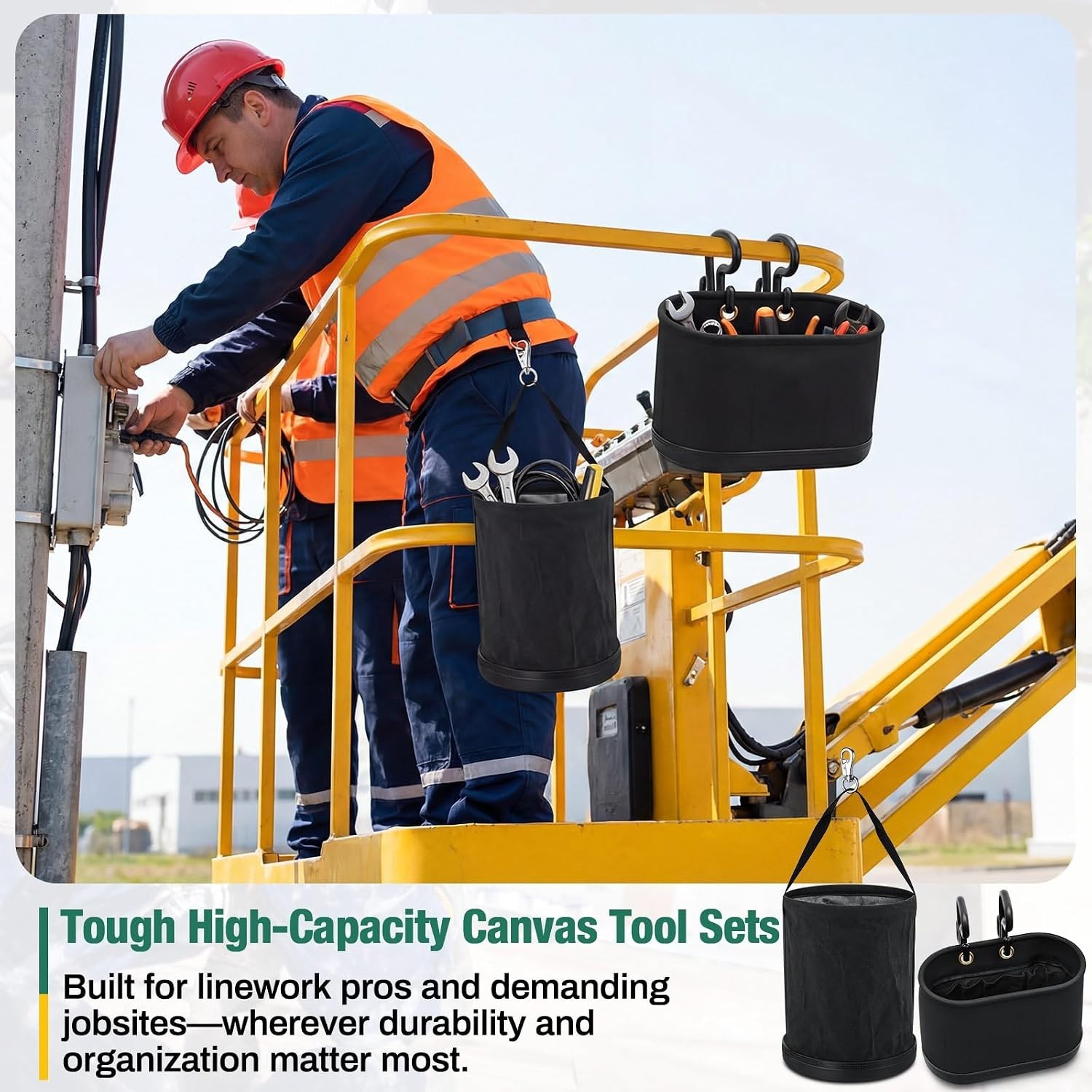 2 Pack Canvas Bucket and Oval Tool Bag, Bucket Tool Organizers with Plastic B