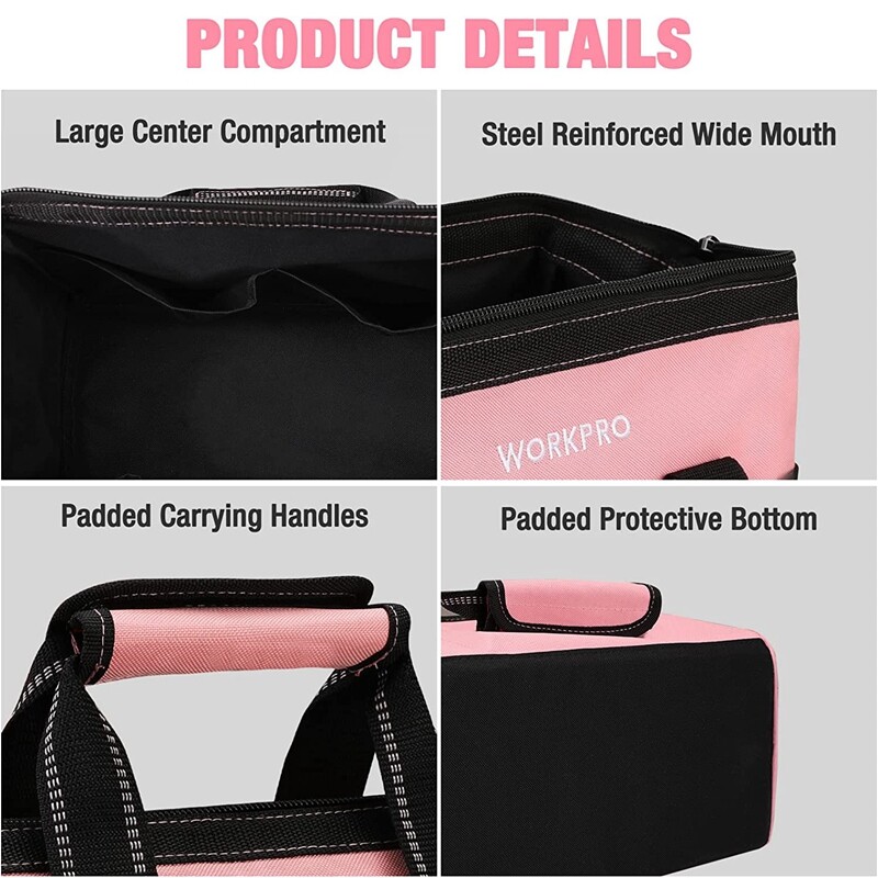 WORKPRO 13-in Tool Bag Pink Soft Cloth Tool Storage Bag Wide Mouth Tool Tote Bag