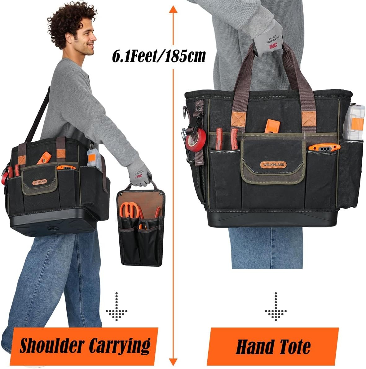 WELKINLAND 50-Pocket Tool Tote, 14″ Hard Bottom, Waxed-Canvas, All Trades