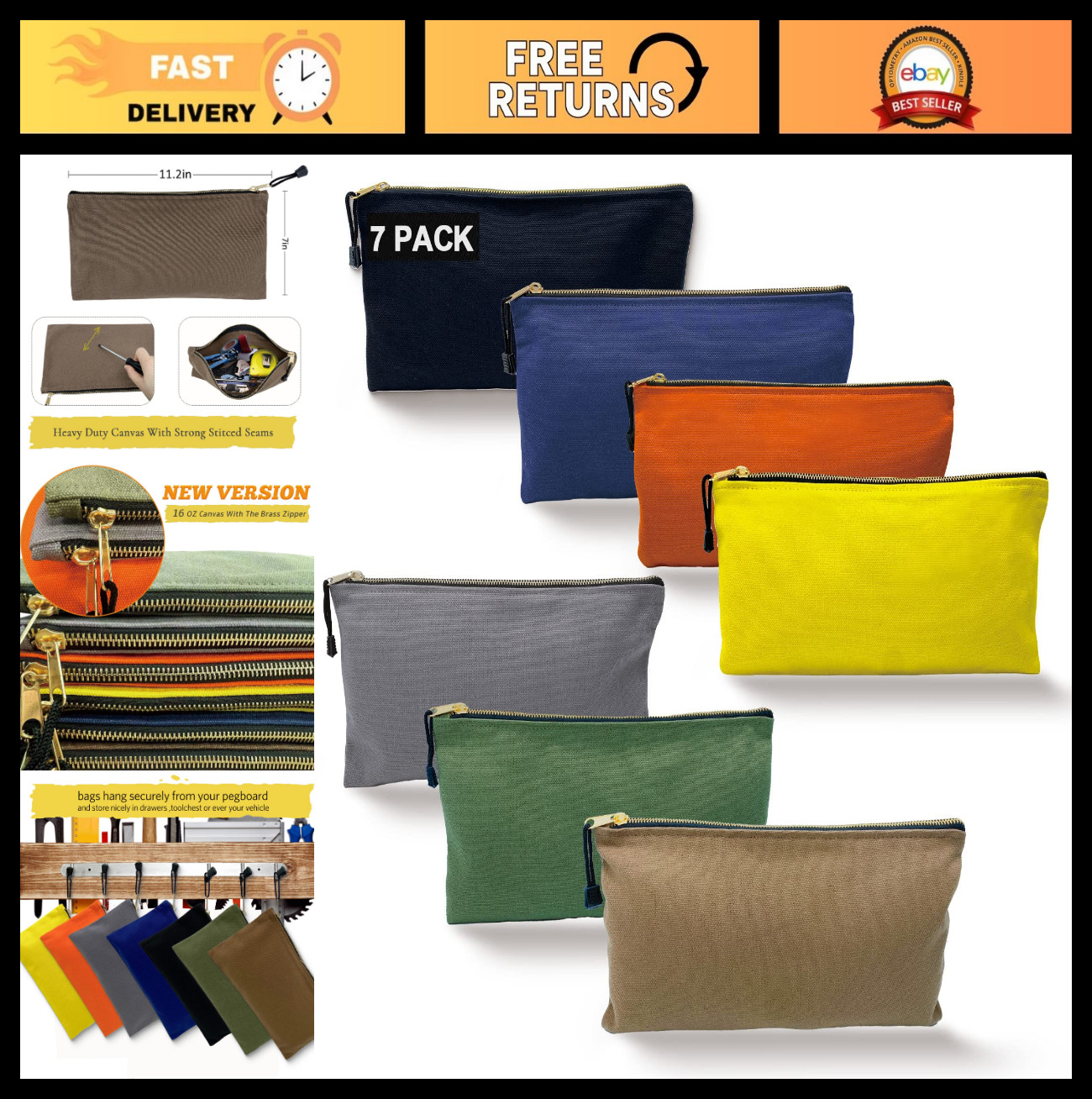 Heavy Duty Canvas Tool Bag Organizer – 7 Assorted Zipper Utility Pouches, 12.5″x