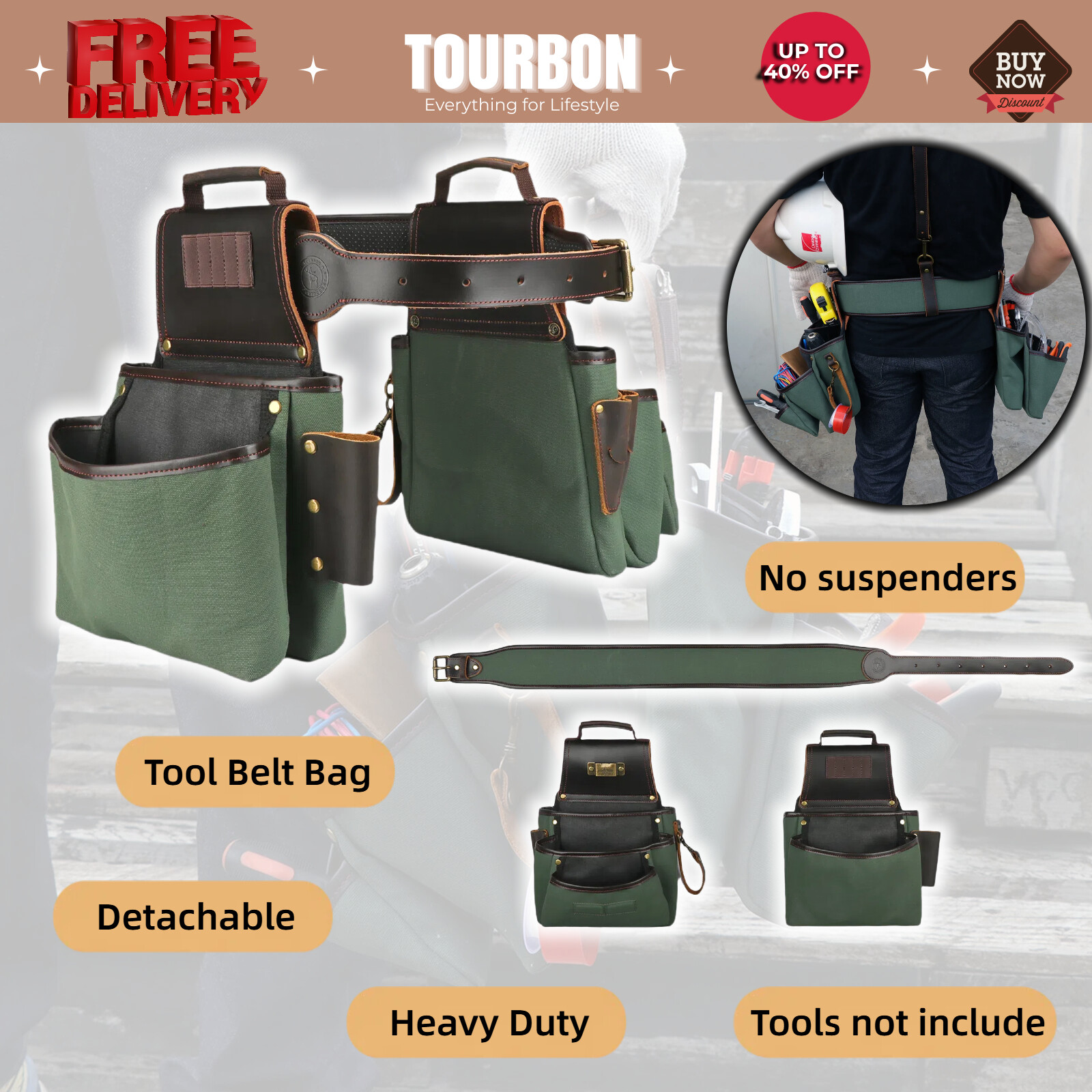 TOURBON Carpenter Workshop Electrician Tool Belt/Pouch/Bag/Holder Heavy Duty