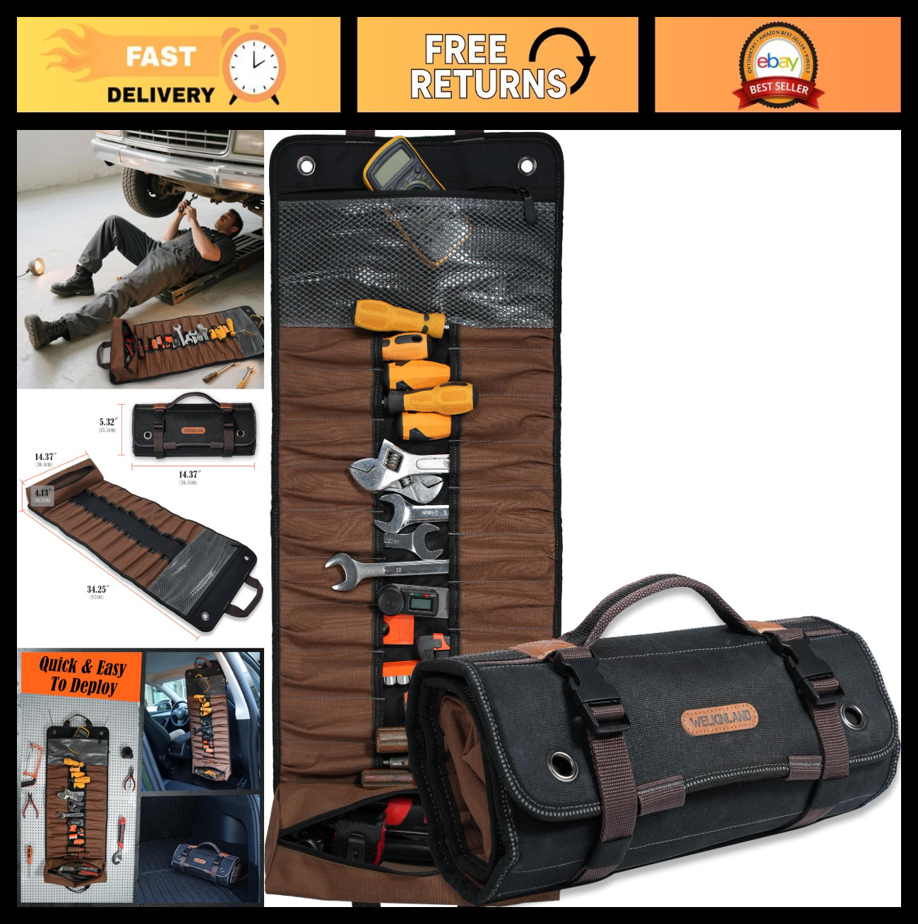23-Pocket Heavy-Duty Canvas Tool Roll Bag, Waterproof Tool Wrap Organizer, Easy-