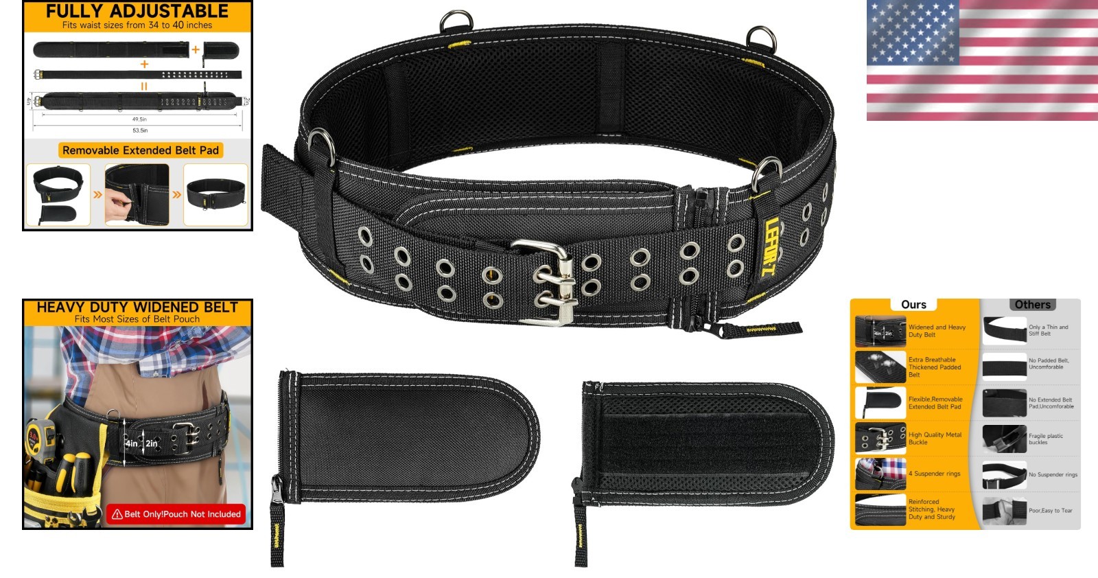 Padded Tool Belt,4-Inch Heavy Duty Tool Belts for Men with 4 Suspenders Ring,