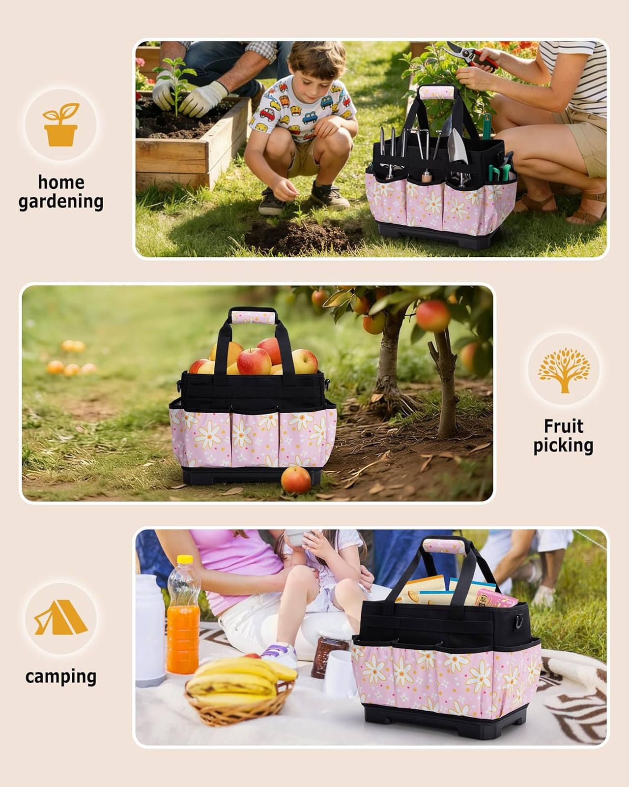 Garden Tool Bag with Hard Bottom Water Resistant 600D Polyester 20L Capacity