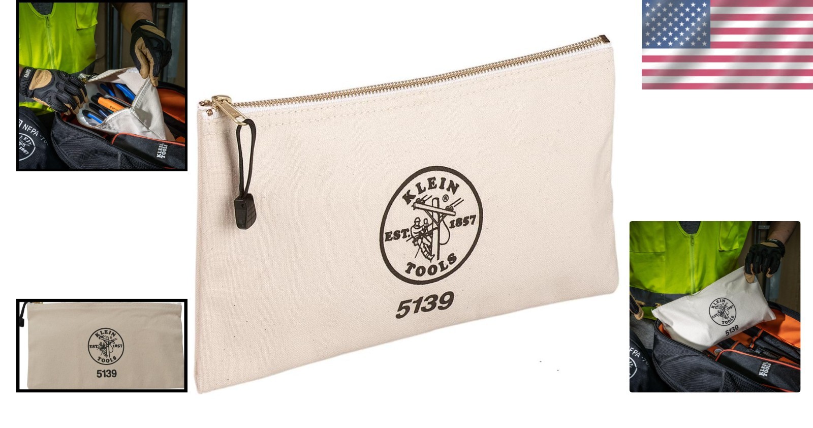 Klein Heavy-Duty Canvas Tool Pouch with Brass Zipper – 12.5 x 7 x 0.7 Inch