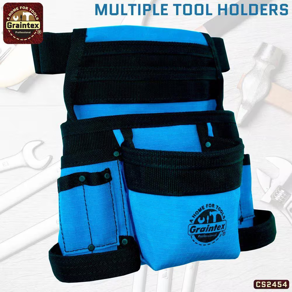 10-Pocket Blue Canvas Finisher Tool Pouch with Belt