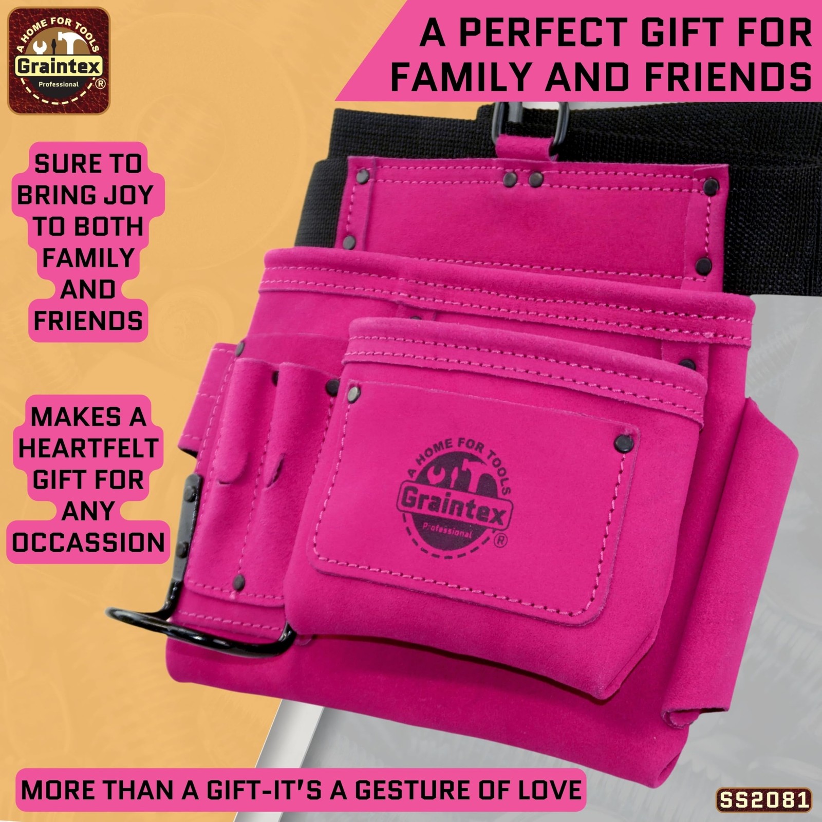 GRAINTEX SS2081 5 Pocket Nail & Tool Pouch Pink Color Suede Leather with 2” Webb