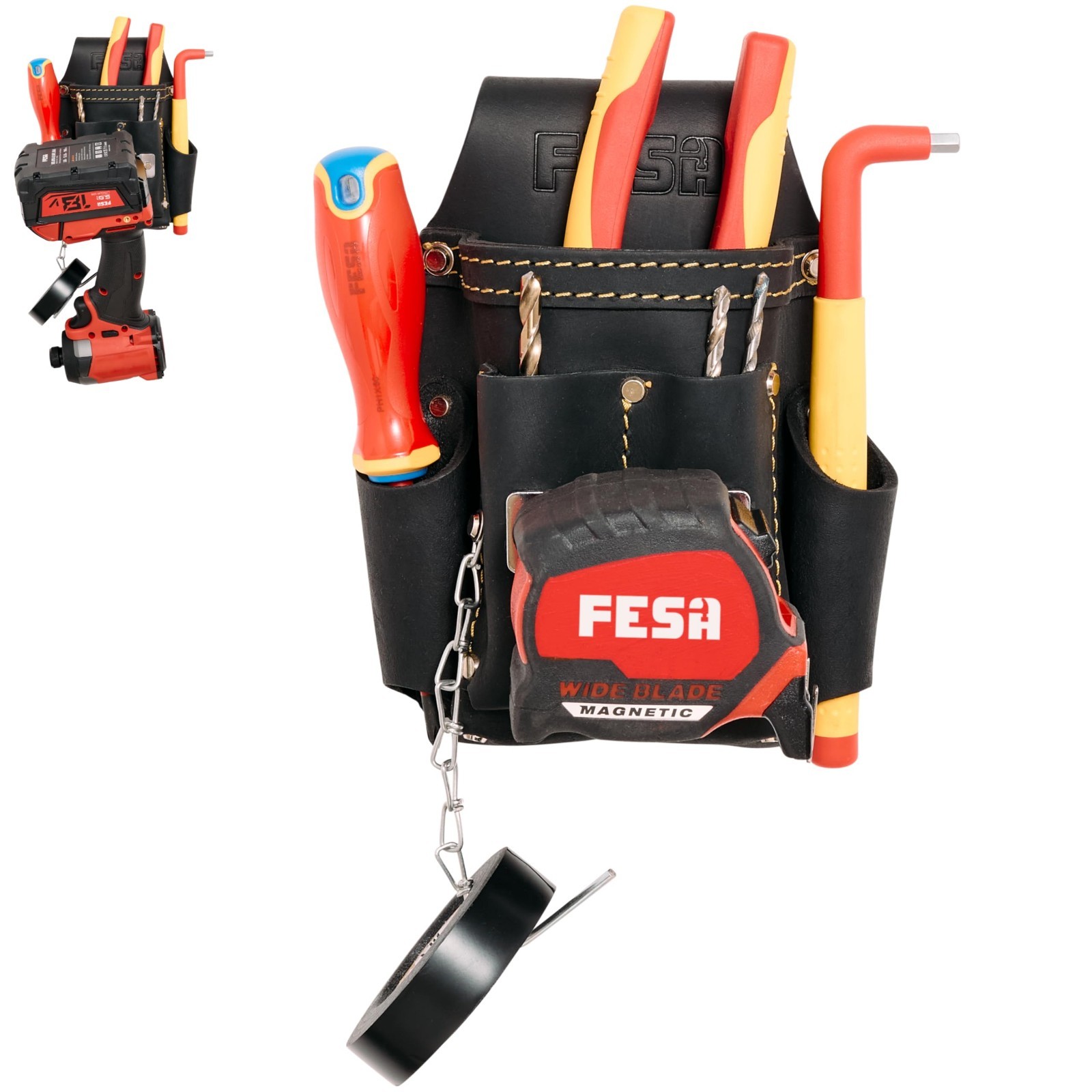 Small Electrician Tool Pouch – 7-in-1 Leather Organizer with Clips & 5 Pockets