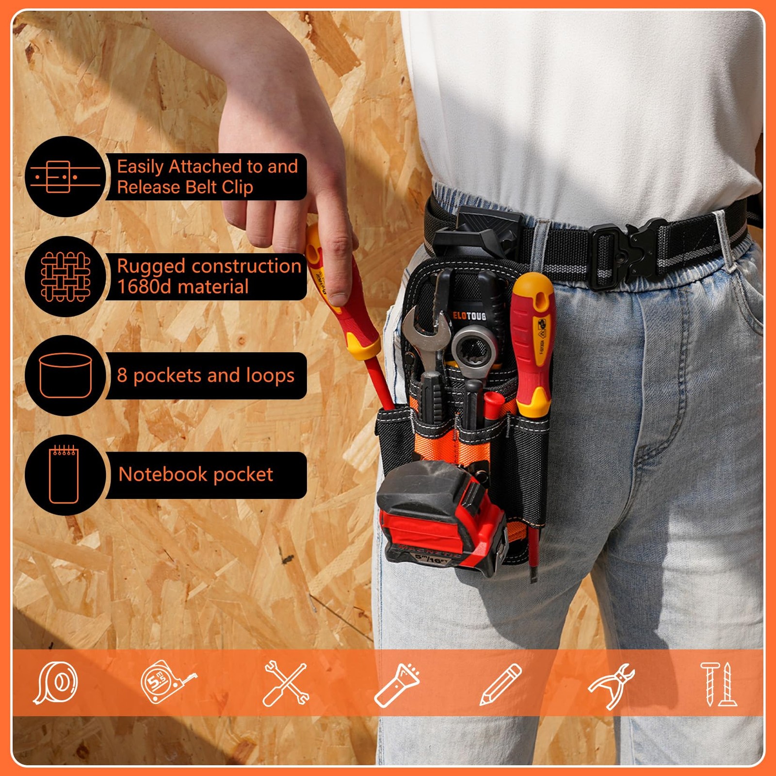 7 Pocket Technician Pouch Small Tool Belt Clip On Larger Loop Holder Accessory