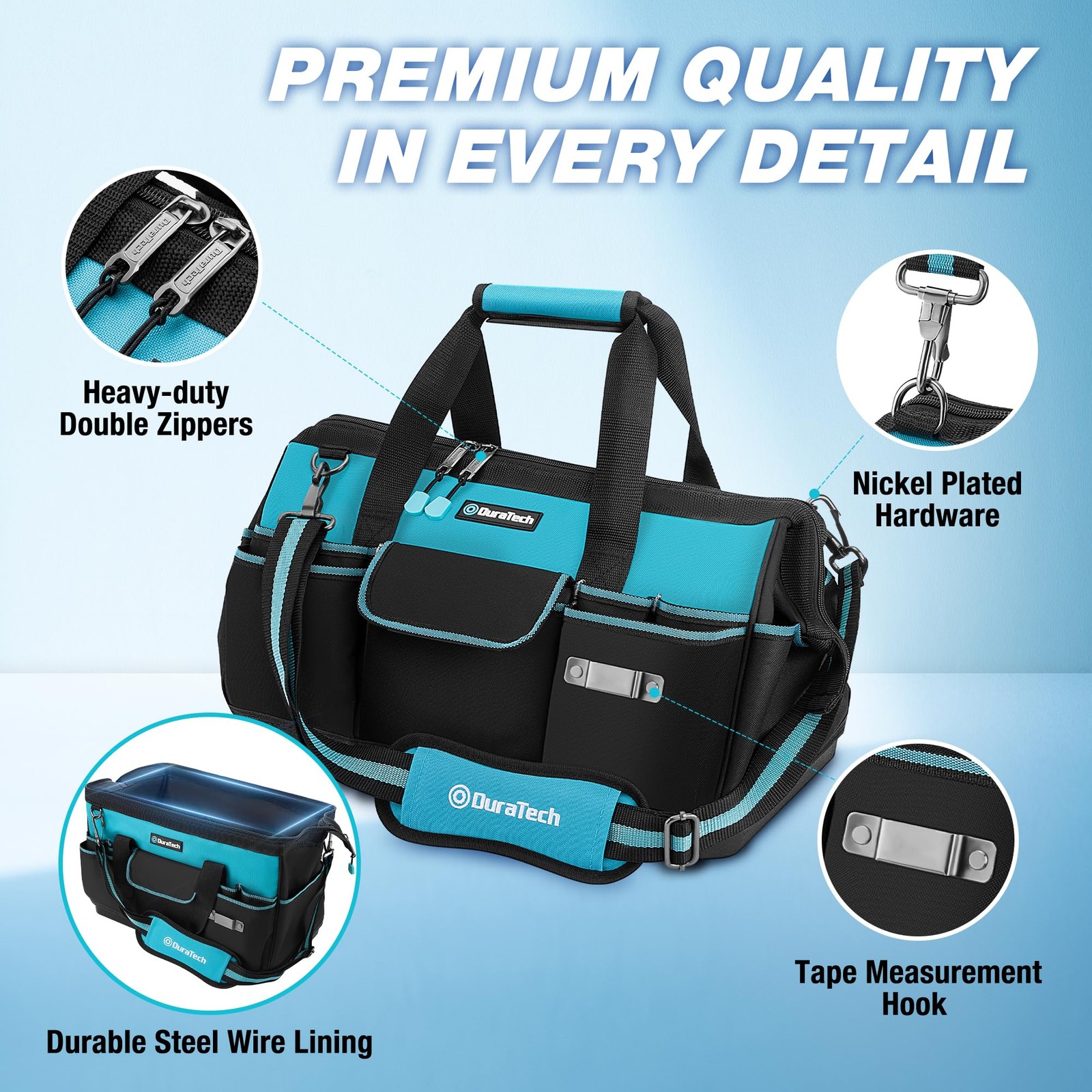 DURATECH 18-Inch Large Tool Bag with Waterproof Hard Bottom, 18 Inch, Blue