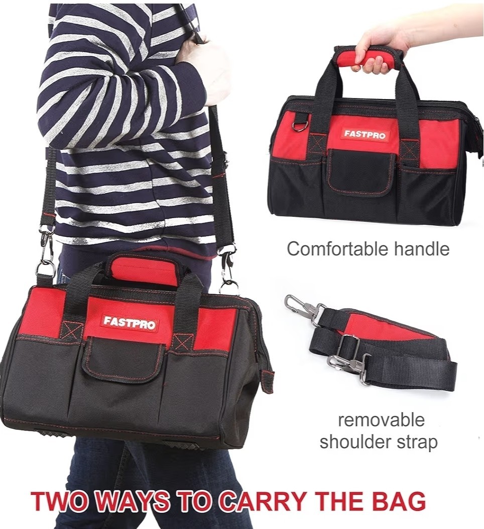 FASTPRO 14-Inch Zip-top Wide Mouth Open Storage Tool Bag, Classic Black & Red