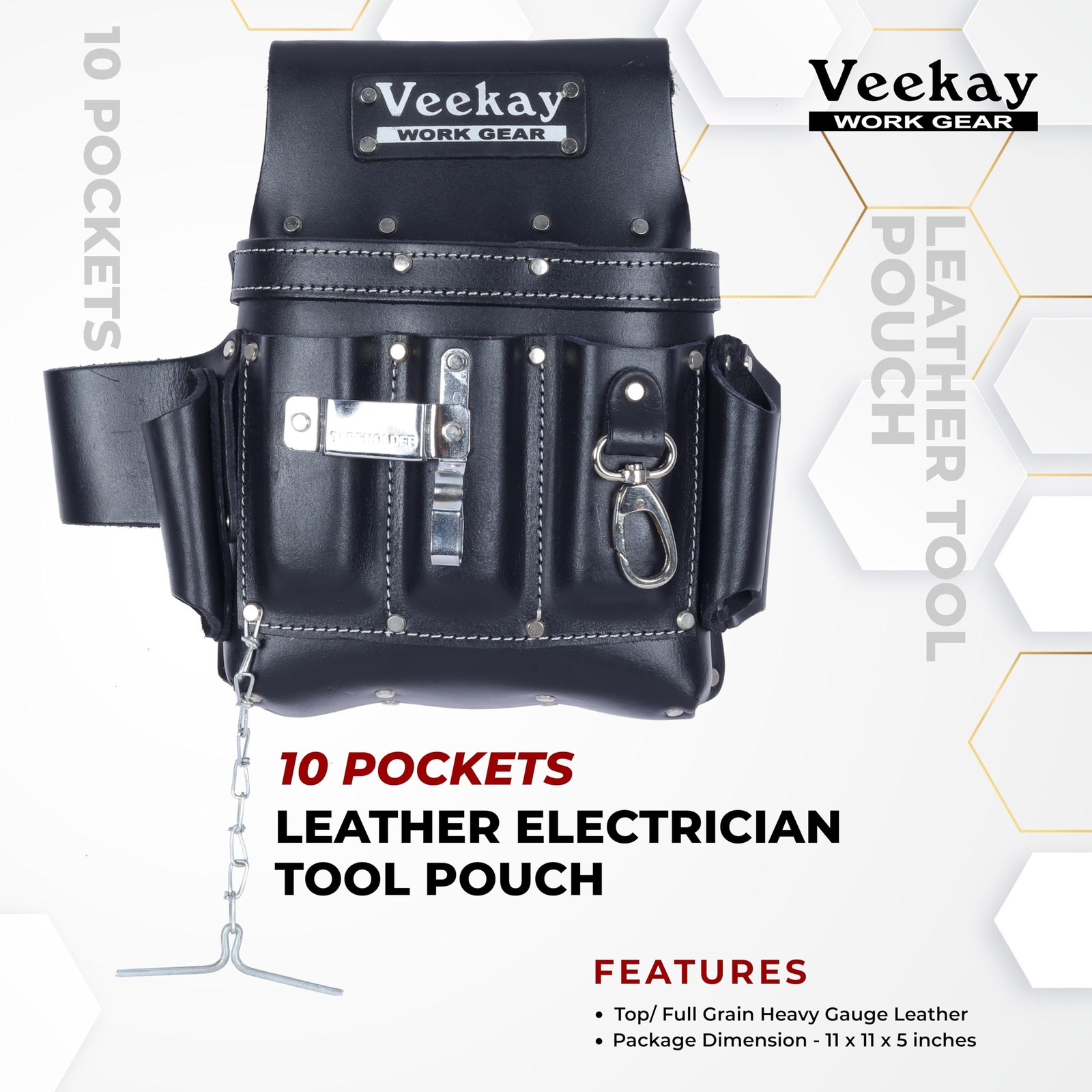 VEEKAY Electrician Leather Tool Pouch 10 Pocket Full Grain Heavy Duty Brown