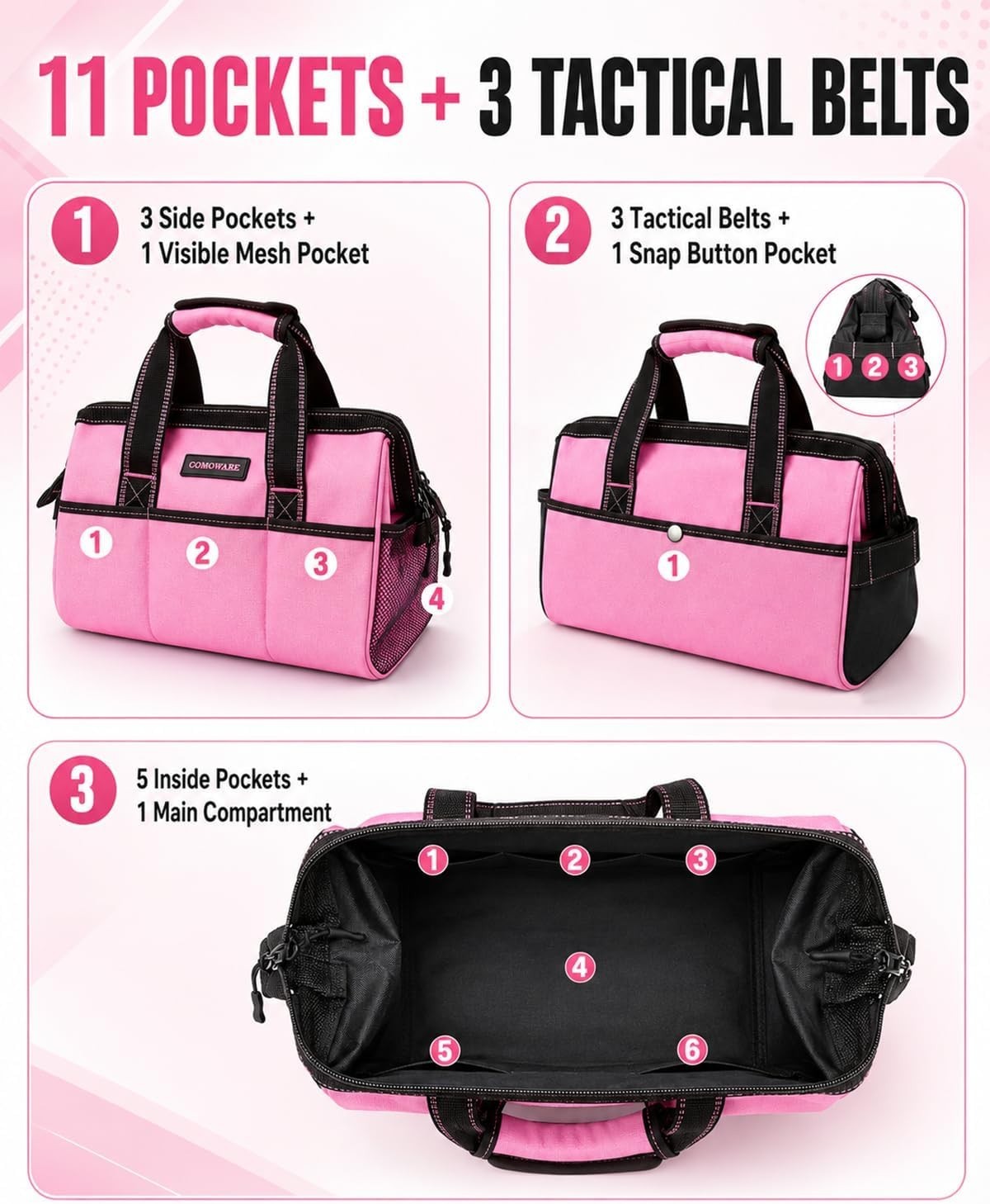 13-Inch Tool Bag, Pink Soft Storage Bags with Inside Pockets, Wide Mouth Pink…