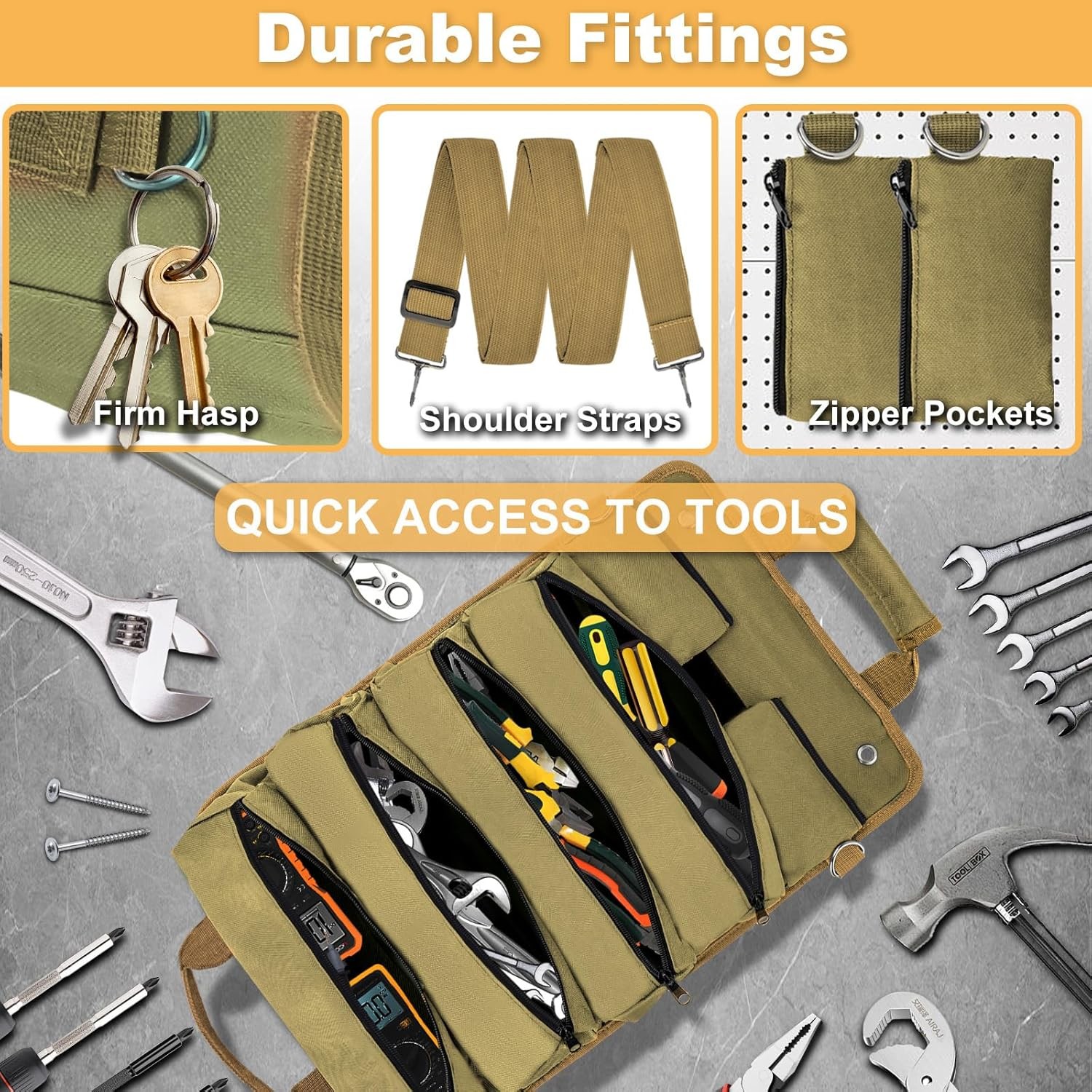 Roll Up Tool Bag Heavy Duty Tool Roll Up Bag 4 Pockets w/Detachable Tool Pouches
