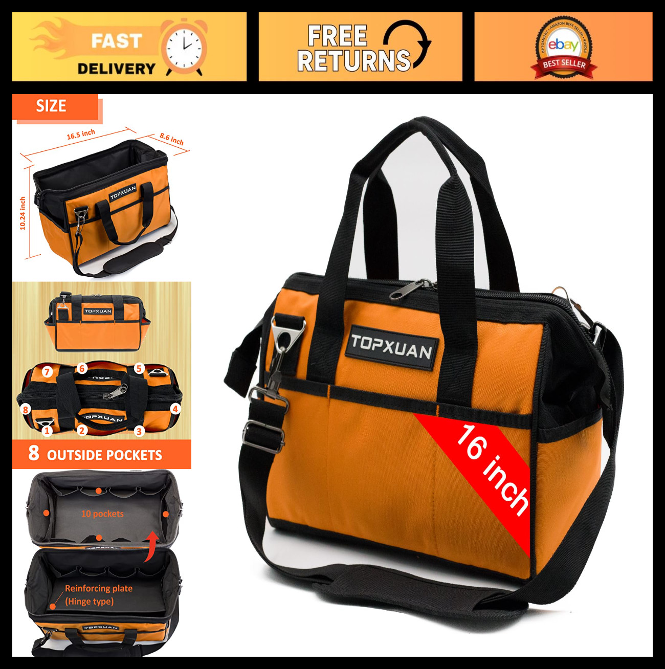 Heavy Duty 16″ Waterproof Tool Bag – Wide Mouth Organizer, 18 Pockets, Shoulder