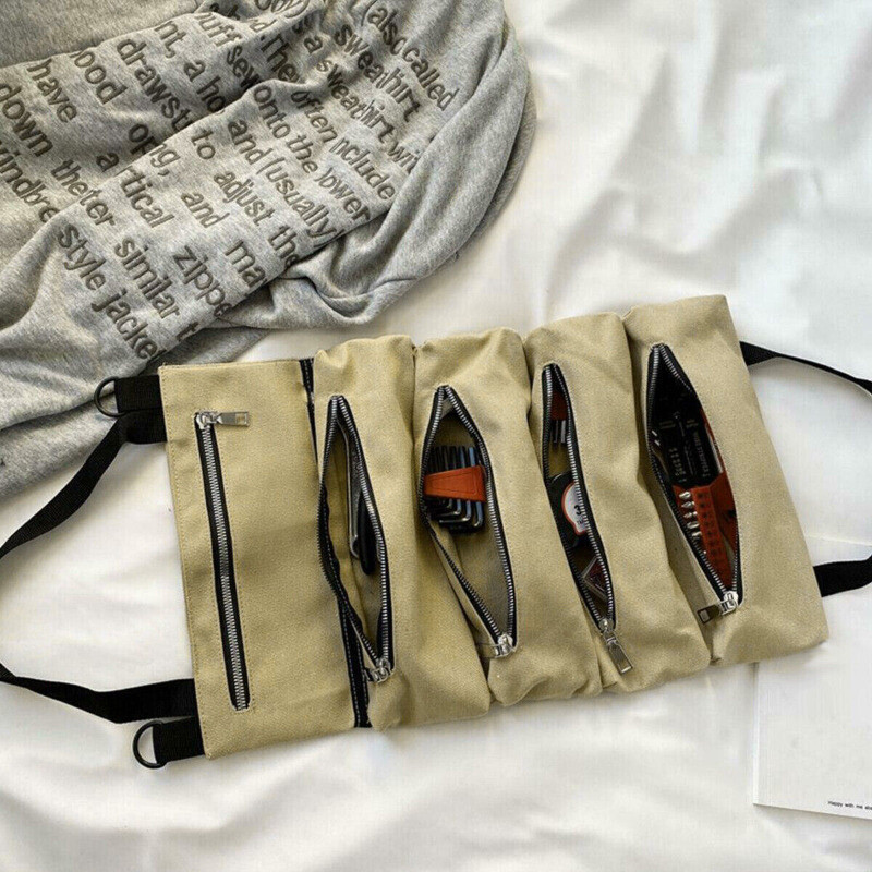 Multi-Purpose Tool Roll Up Bag Wrench Pouch Canvas Hanging Organizer w/ 5 Pocket