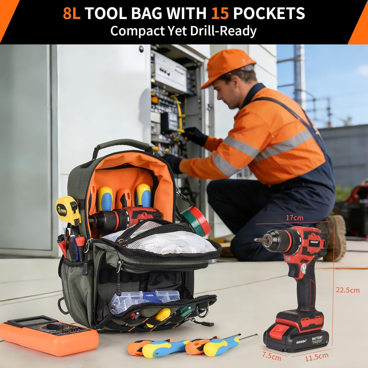 Tactical Electrician & HVAC Tool Chest Bag with 3-Point Harness, Small Tool Pouc
