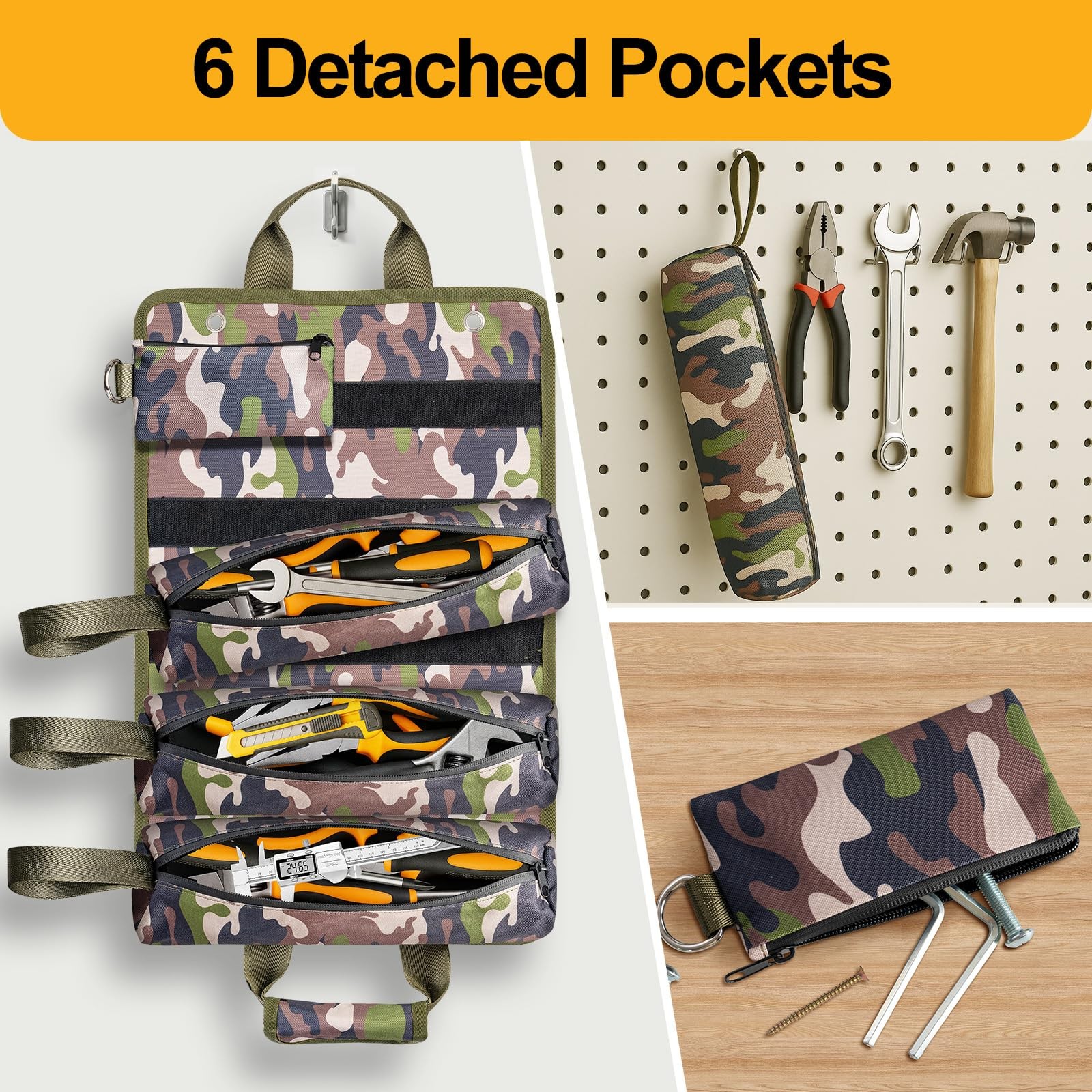 Tool Bag Heavy Duty Organizer Portable Pouch Men 6 Detachable Camo Green