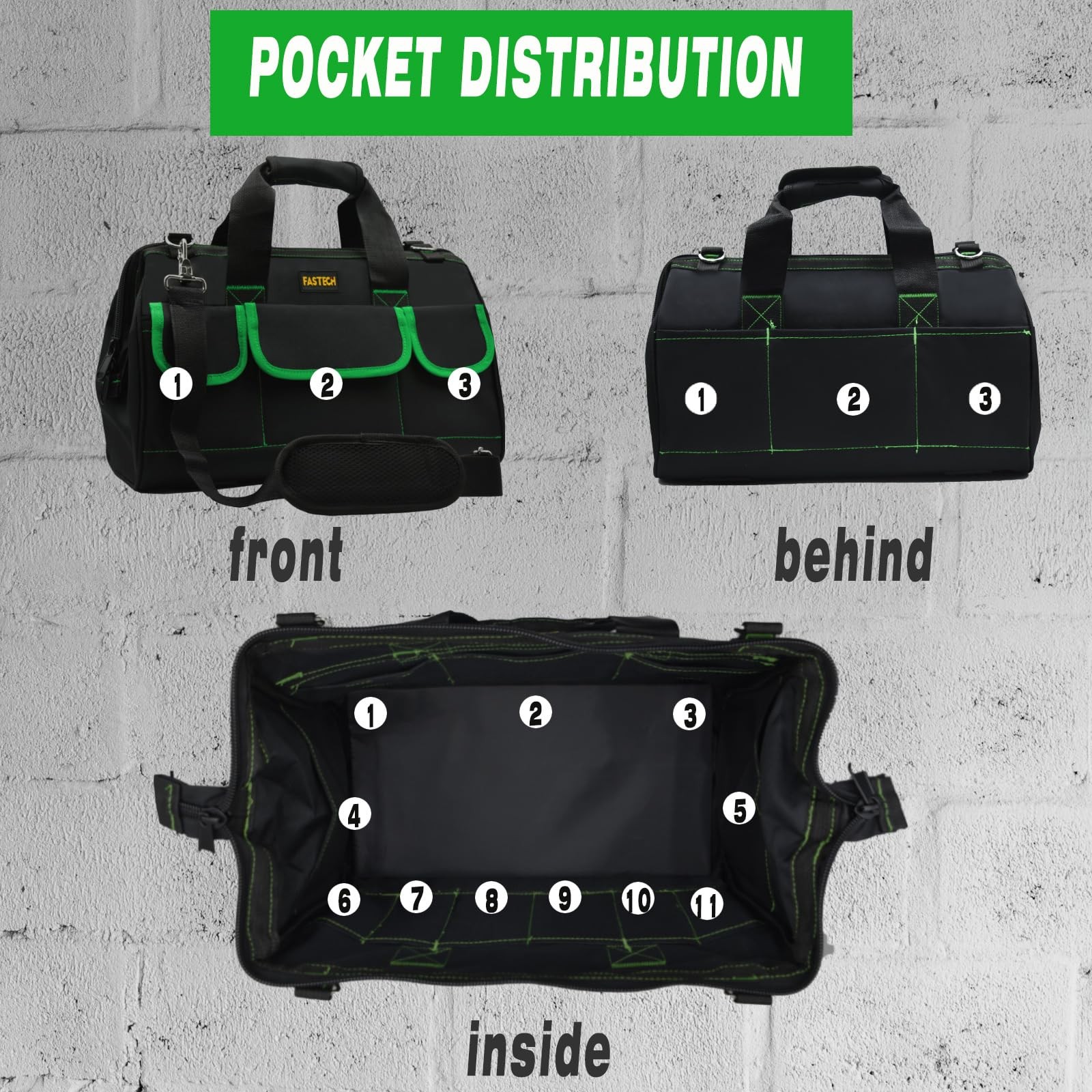 20 Inch Tool Bag Waterproof Wide Mouth Kit Large Storage Shoulder Strap Green