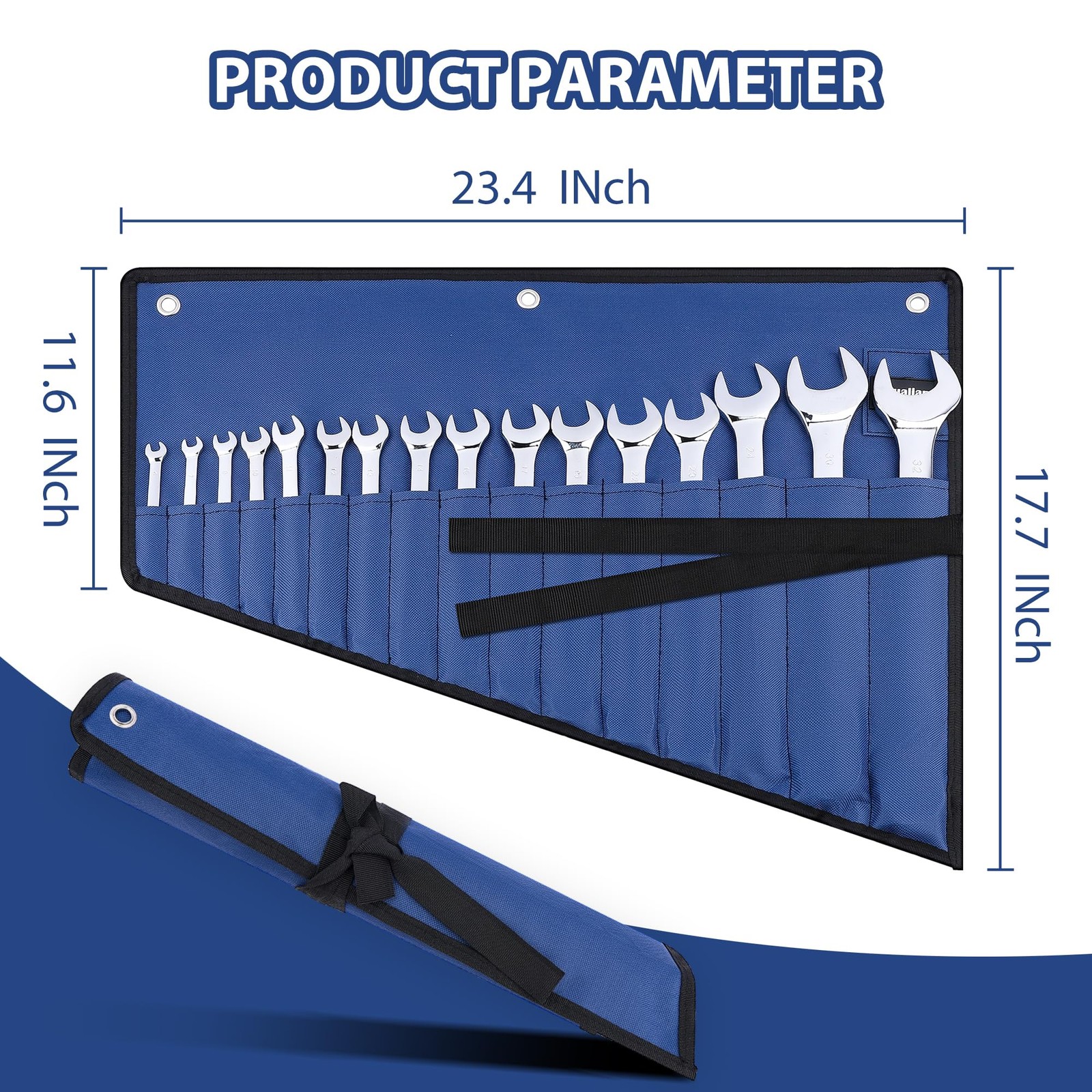 Wrench Roll Organizer 16 Pocket 600D Oxford Waterproof Hang Up Tool Bag Blue