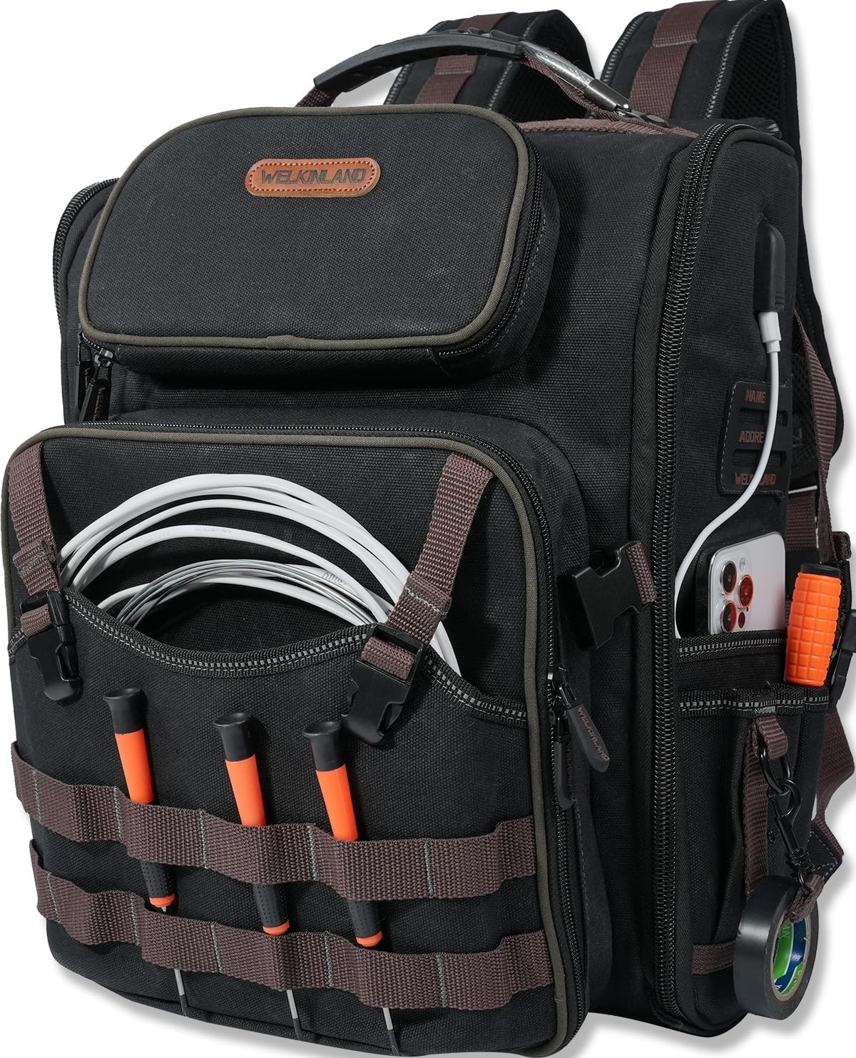 WELKINLAND 46-Pockets Electrician Backpack, Full-Open Tool Brown & Black
