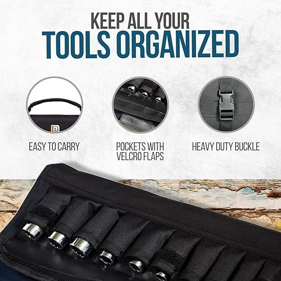 Organizador de herramientas enrollable de 32 bolsillos: incluye llave y bolsa