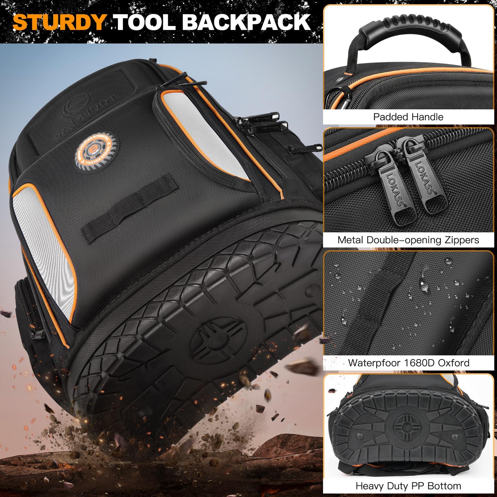 LOKASS 18.1 Inch Tool Backpack, 75 Pockets & 14.6″L x 7″W x 18.1″H, Black