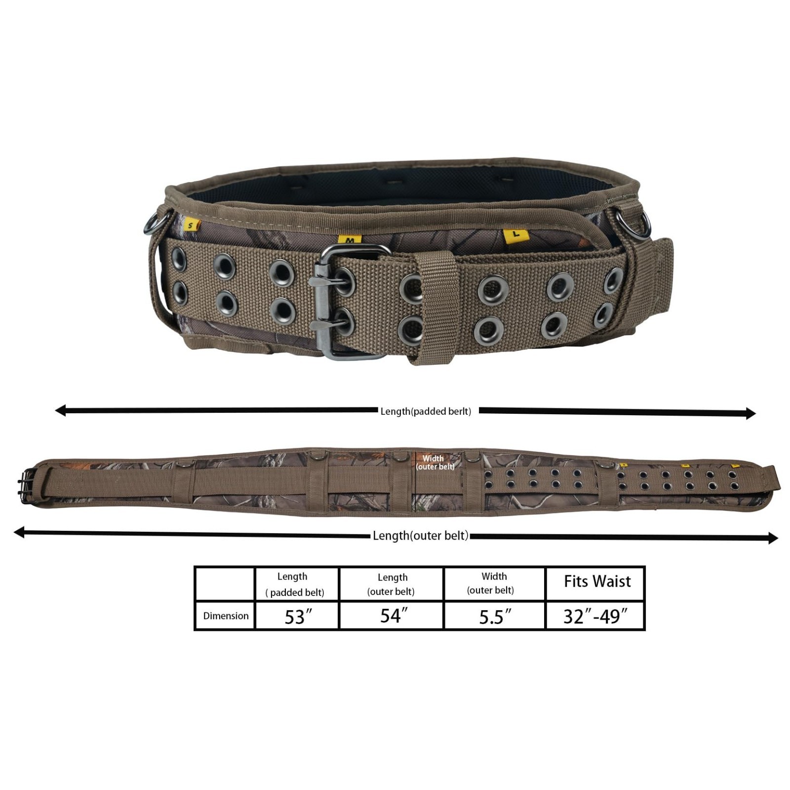 Large Tool Belt with Suspenders, Padded 4″ Tool Pouch, Hammer Holster, Camo, Con