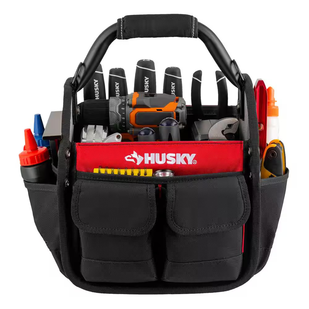 Husky Tool Bag 10 in 15 Pocket Open Top Tote Water Resistant Rotating Handle
